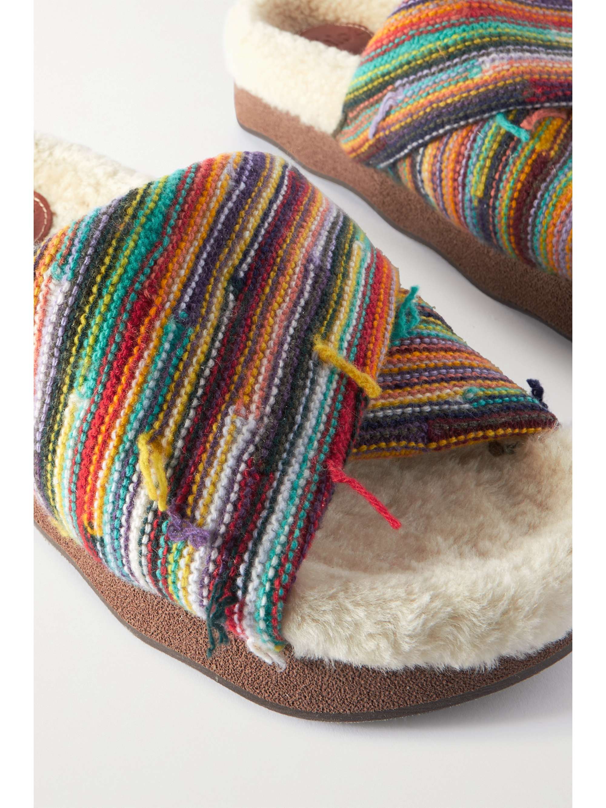 Green Wavy shearling-lined striped recycled cashmere and wool-blend slides | CHLOÃ | NET-A-PORTER