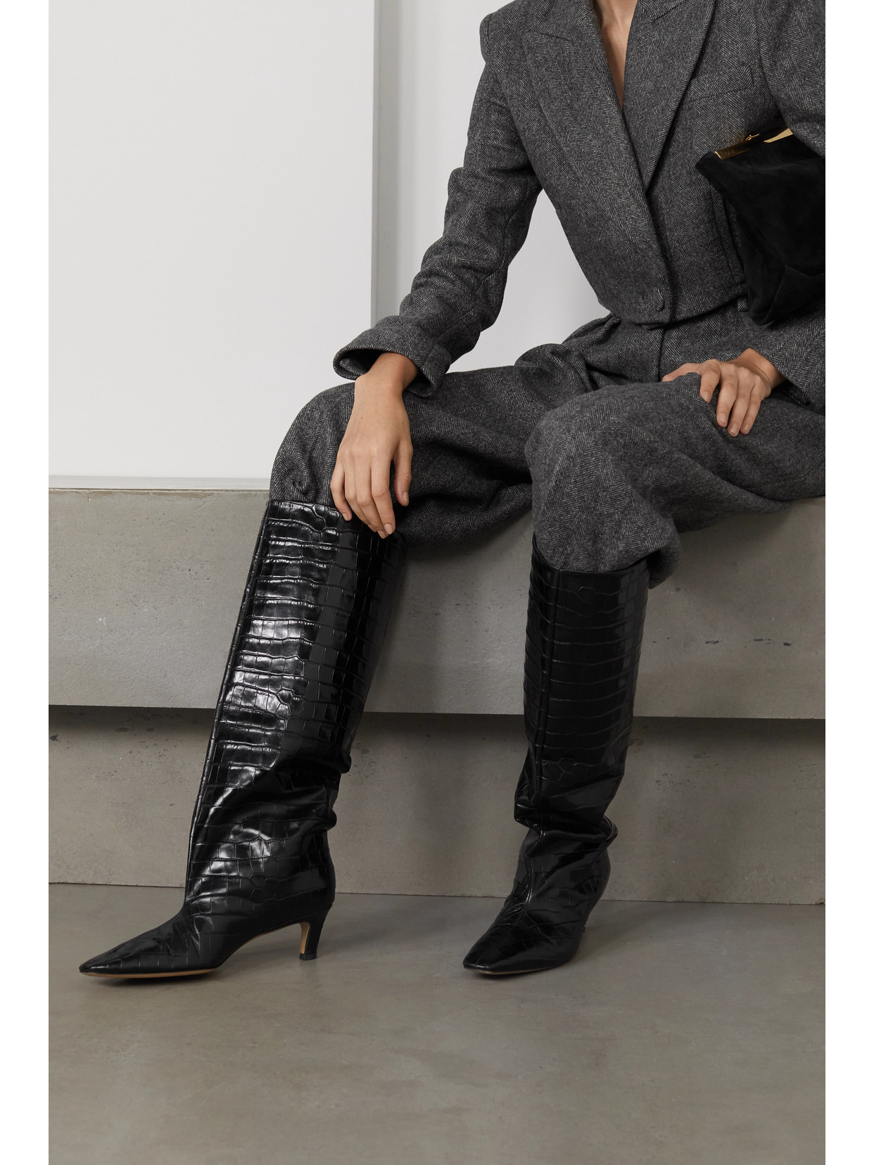 Shop Totême + Net Sustain Croc-effect Leather Knee Boots In Black