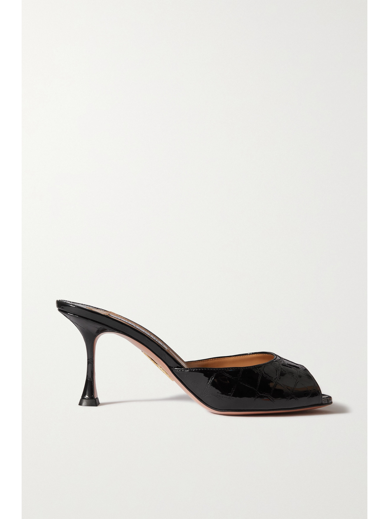 Aquazzura Carrie 75 Glossed Croc-effect Leather Mules In Black