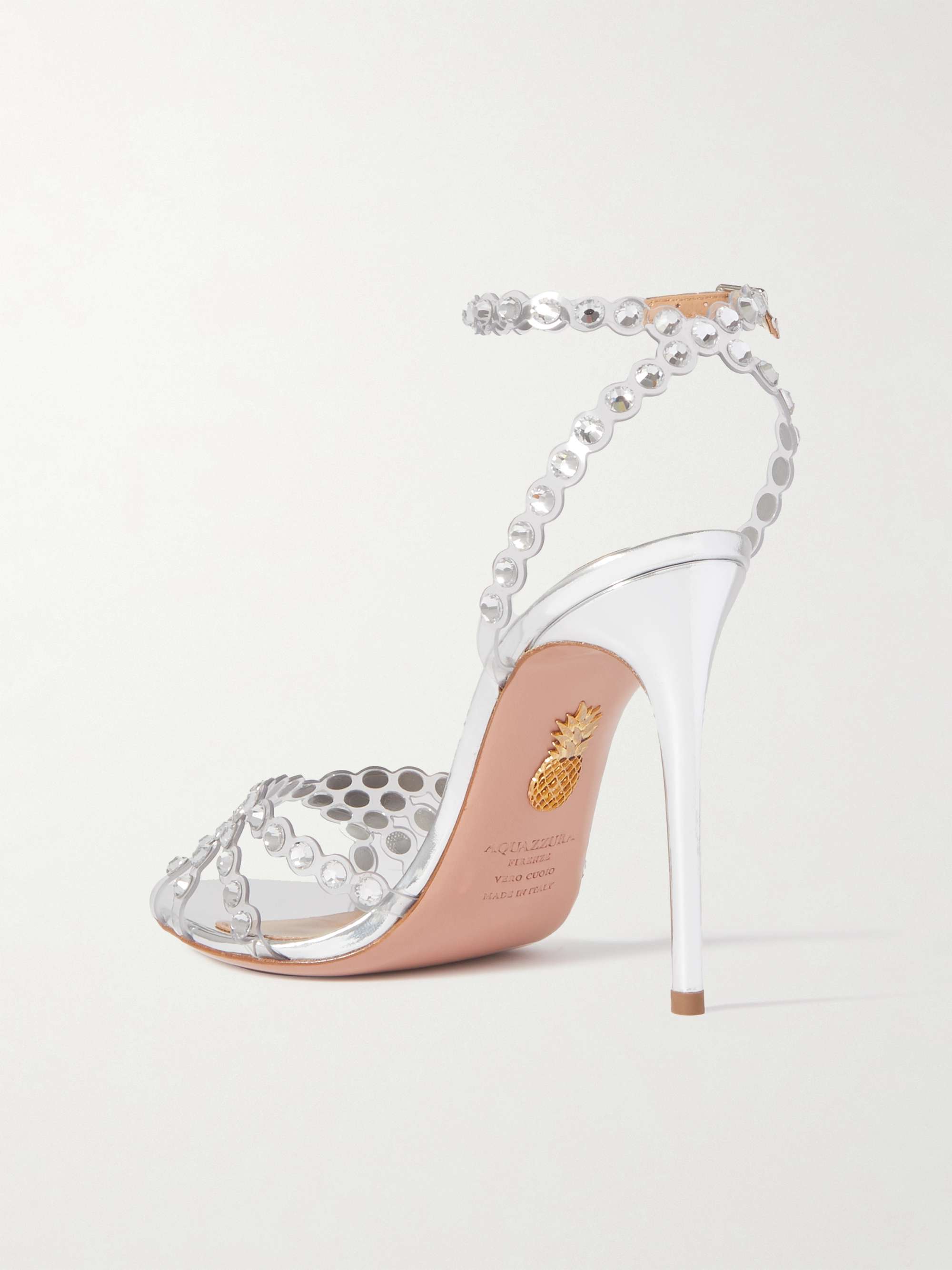 AQUAZZURA Tequila 105 metallic leather and crystal-embellished PVC sandals