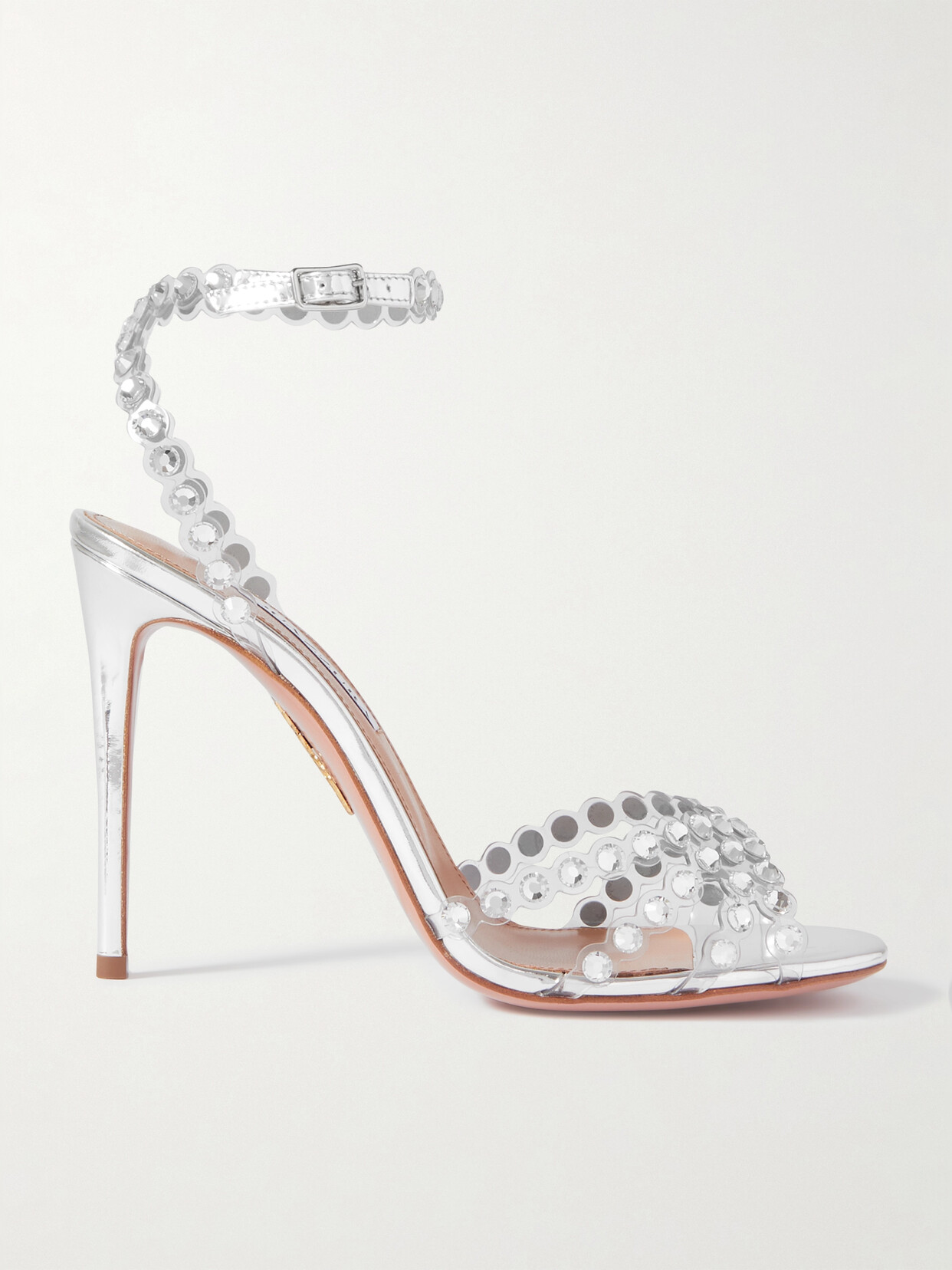 AQUAZZURA TEQUILA 105 CRYSTAL-EMBELLISHED PVC AND METALLIC LEATHER SANDALS