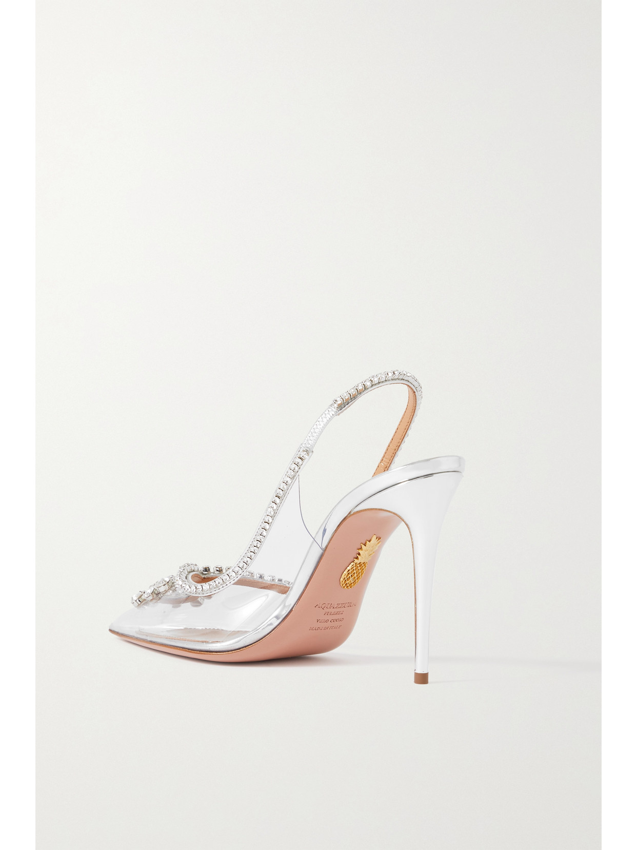 AQUAZZURA SEDUCTION 105 CRYSTAL-EMBELLISHED METALLIC LEATHER AND PVC SLINGBACK PUMPS