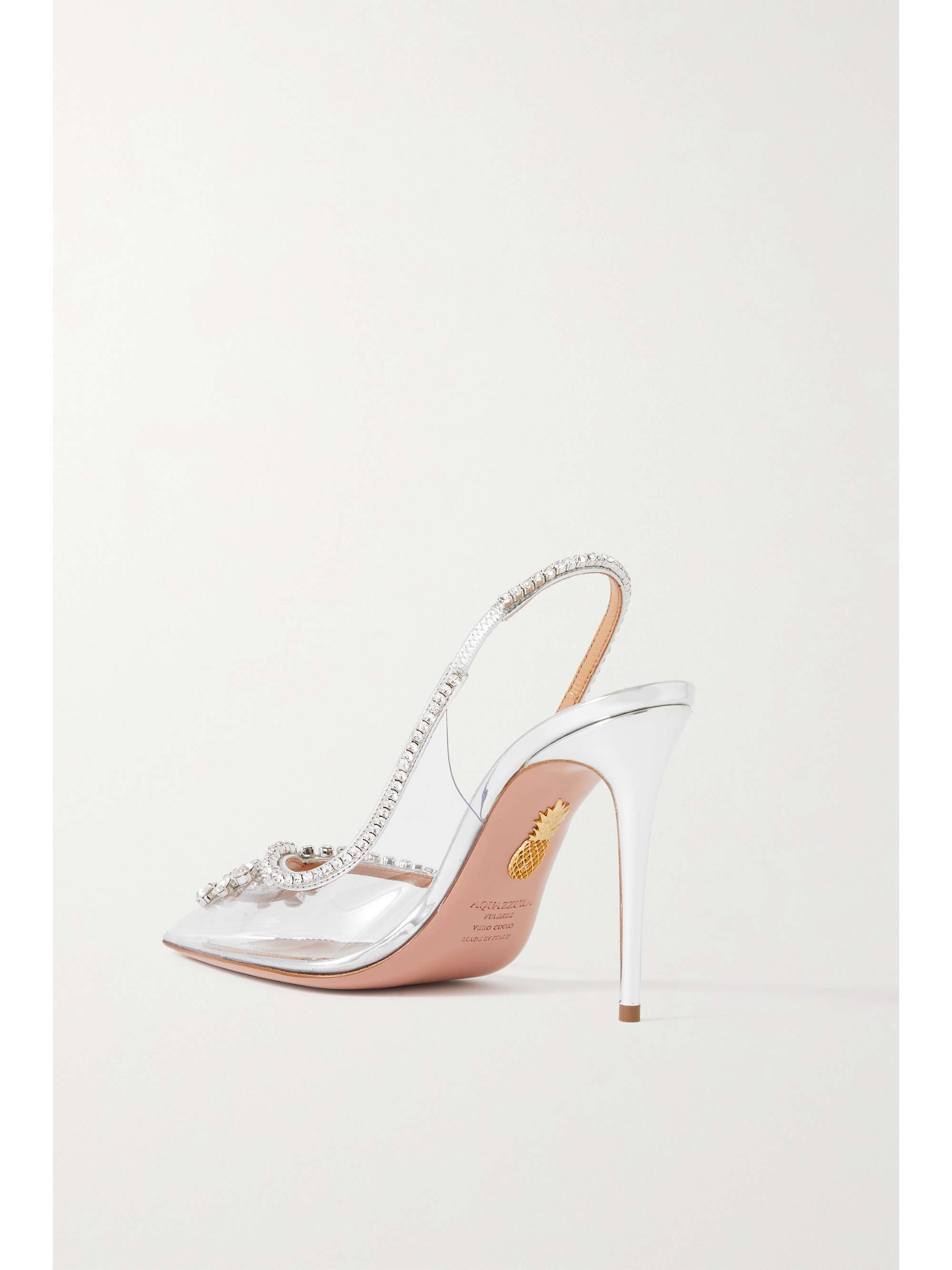 AQUAZZURA Seduction 105 crystal-embellished metallic leather and PVC slingback pumps