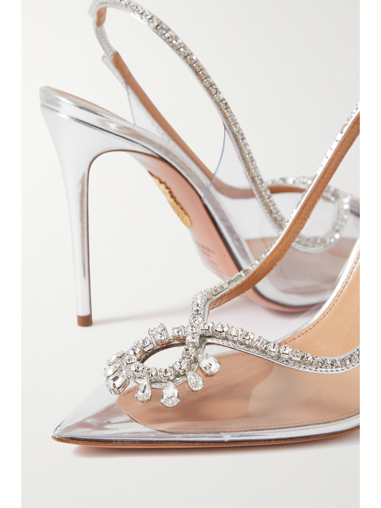AQUAZZURA SEDUCTION 105 CRYSTAL-EMBELLISHED METALLIC LEATHER AND PVC SLINGBACK PUMPS