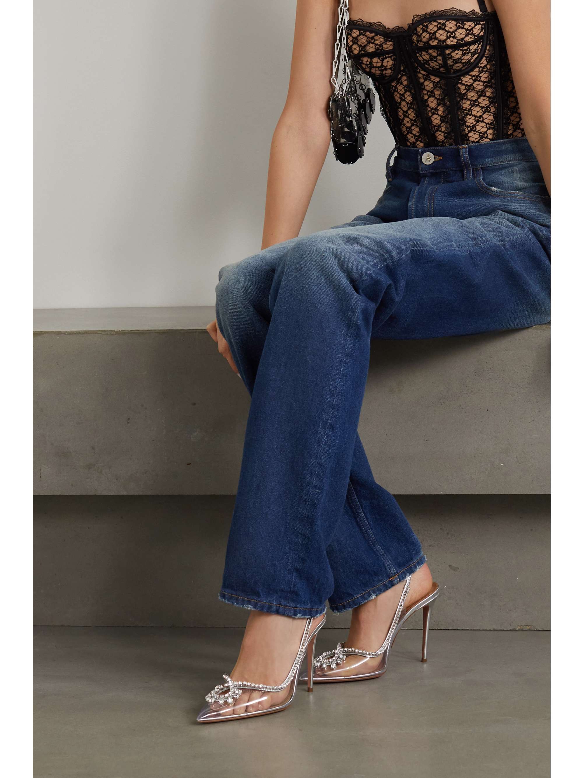AQUAZZURA Seduction 105 crystal-embellished metallic leather and PVC slingback pumps