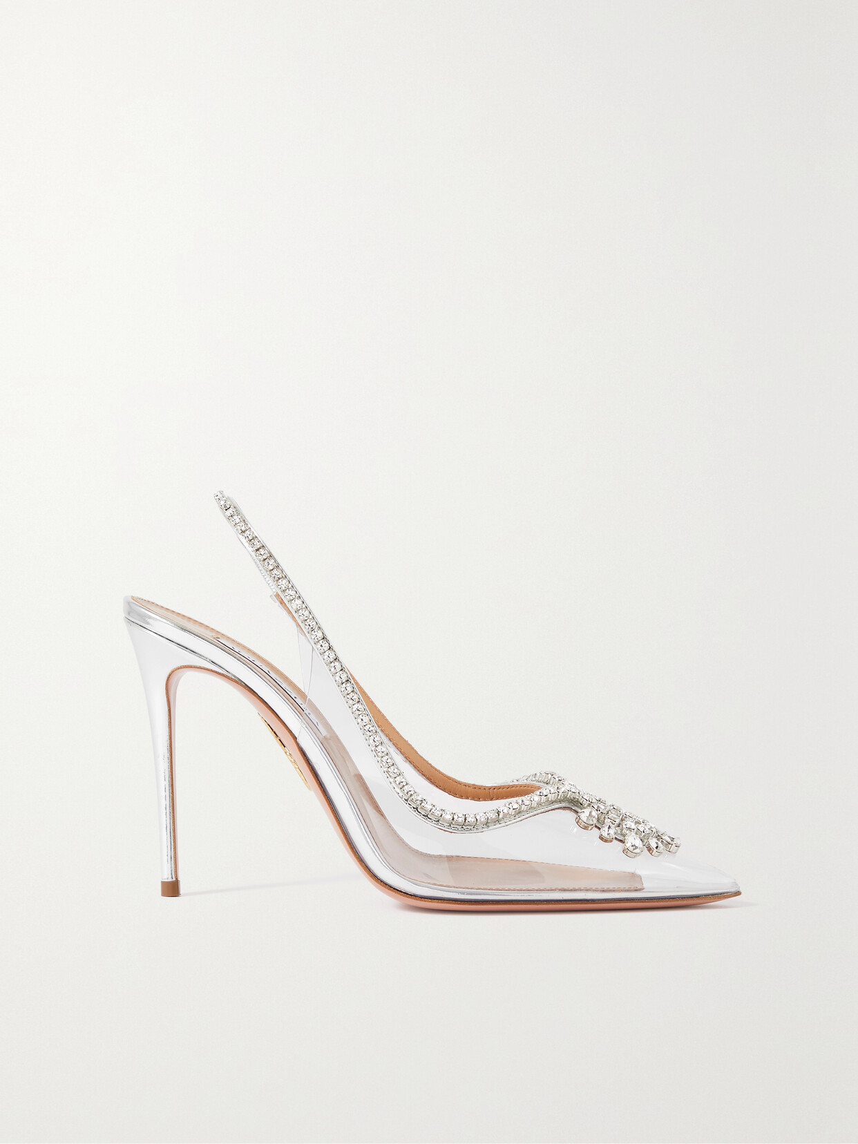 Shop Aquazzura Seduction 105 Crystal-embellished Metallic Leather And Pvc Slingback Pumps In Silver