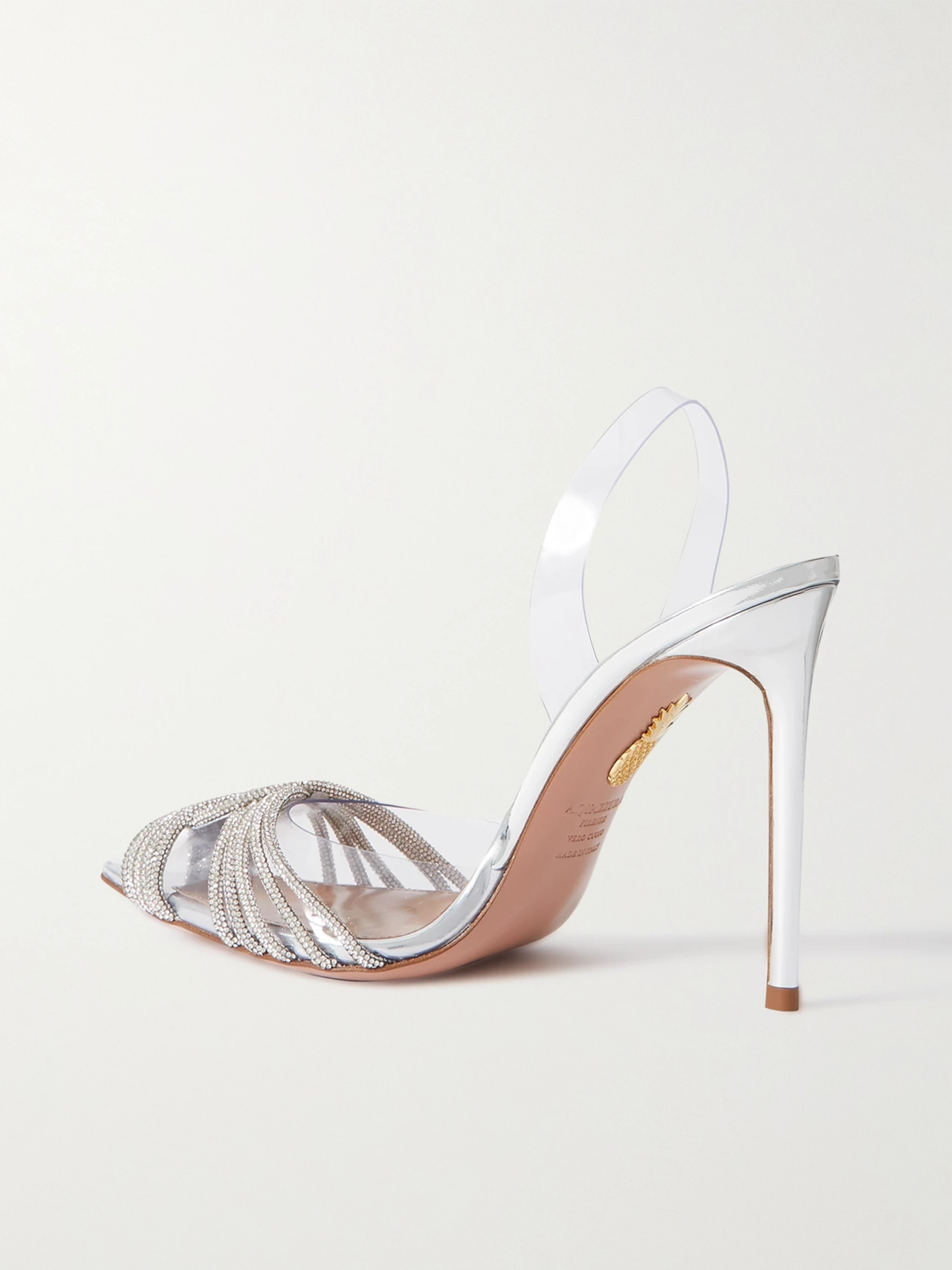 AQUAZZURA Gatsby 105 crystal-embellished PVC and metallic leather slingback pumps