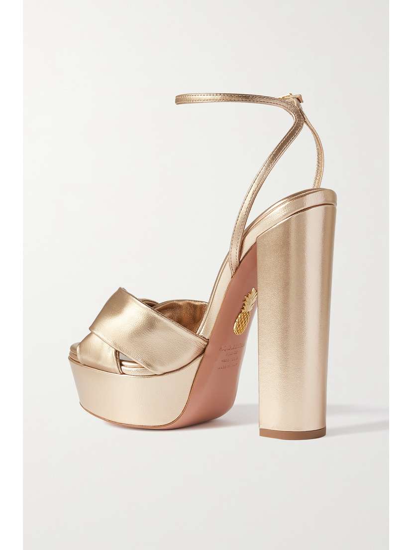 Aquazzura Olie Plateau 140 Knotted Metallic Leather Platform Sandals - side view in Gold