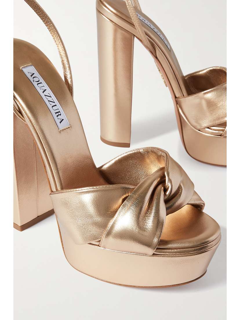 Aquazzura Olie Plateau 140 Knotted Metallic Leather Platform Sandals - detail view in Gold