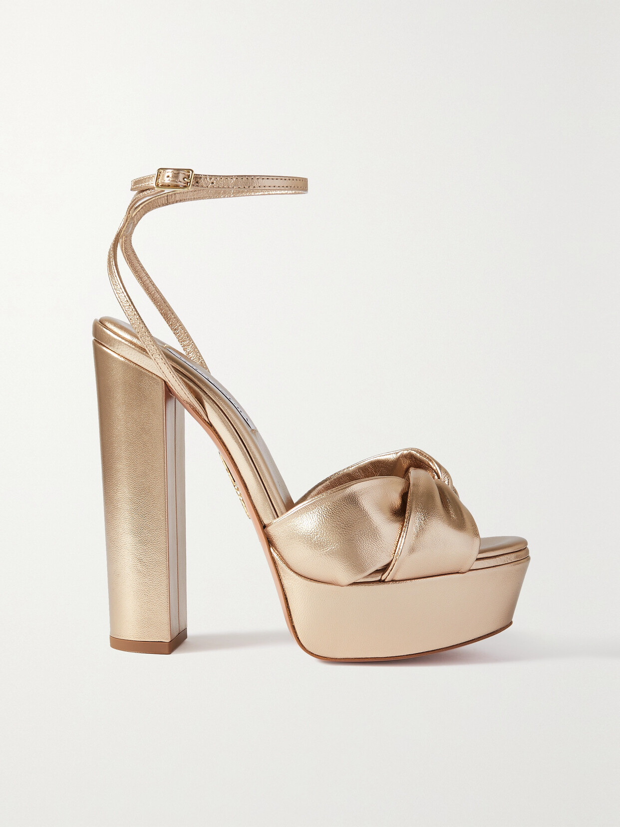 Shop Aquazzura Olie Plateau 140 Knotted Metallic Leather Platform Sandals In Pink