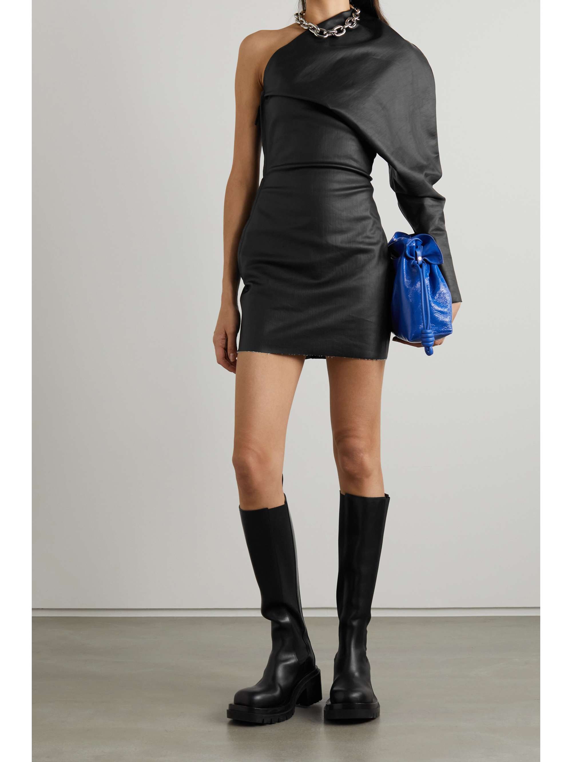 Black Onesleeve draped coateddenim mini dress RICK OWENS NETAPORTER