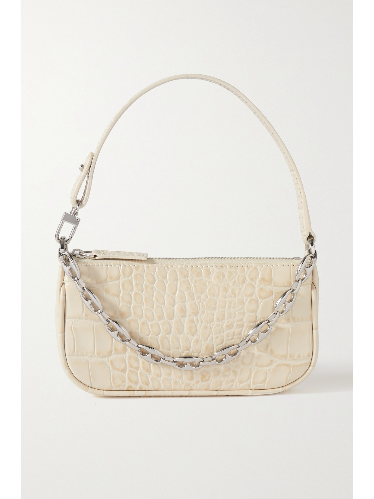 BY FAR RACHEL MINI CHAIN-EMBELLISHED CROC-EFFECT LEATHER SHOULDER BAG