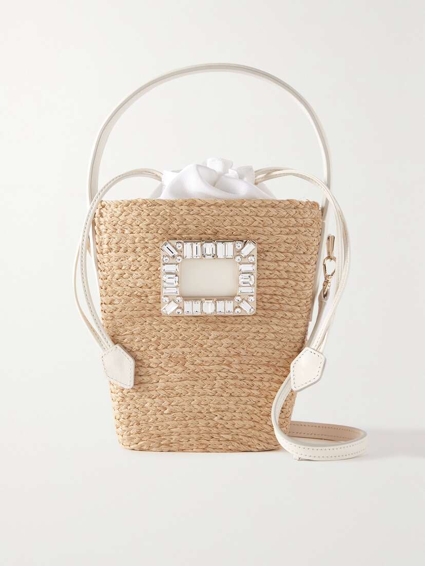 Roger Vivier Viv Basket Mini Crystal-embellished Leather-trimmed Raffia Shoulder Bag