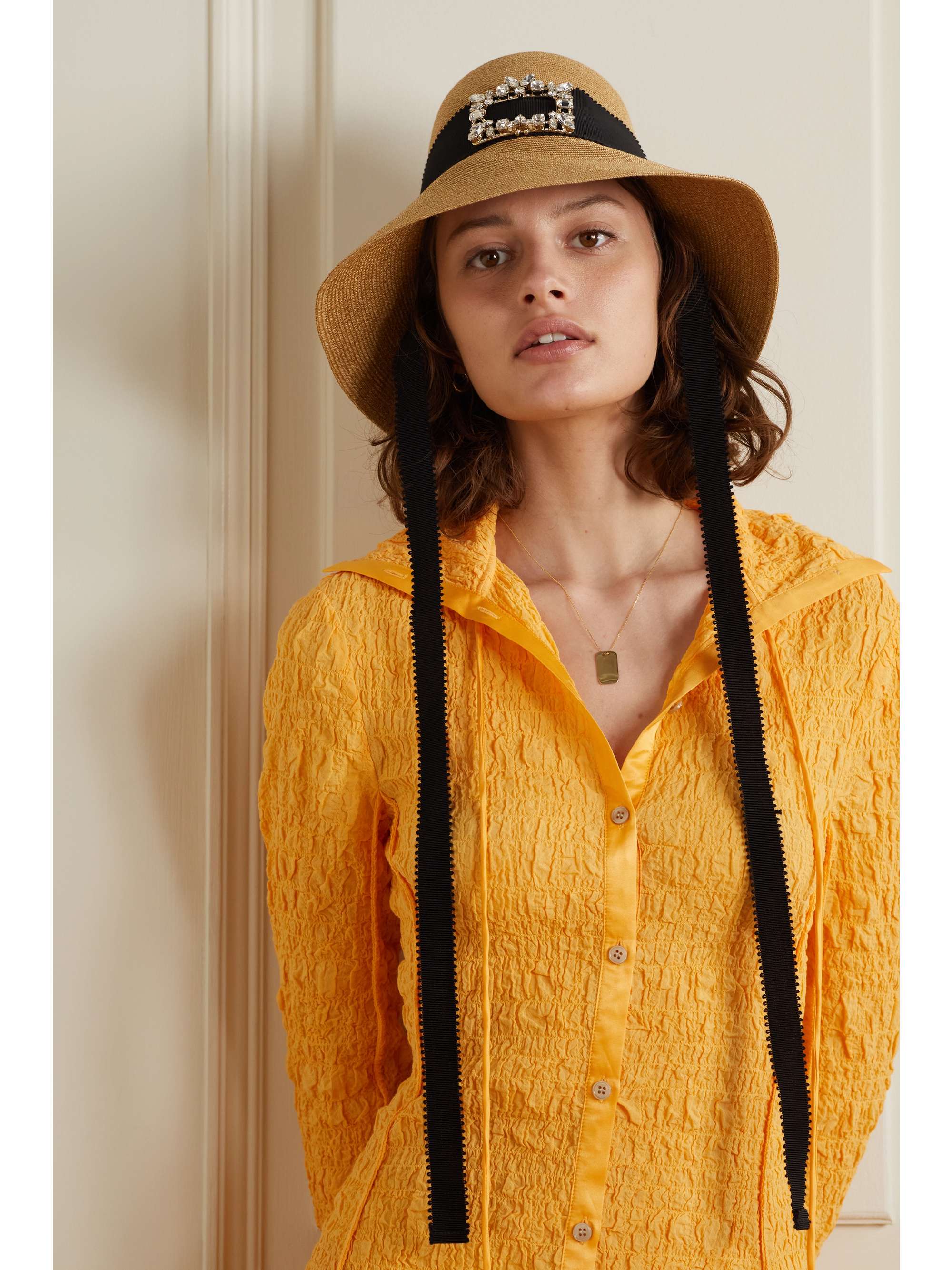 ROGER VIVIER Embellished grosgrain-trimmed straw sunhat