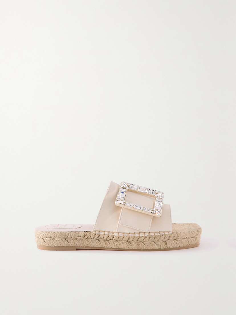 Roger Vivier Crystal-embellished Leather Espadrille Slides