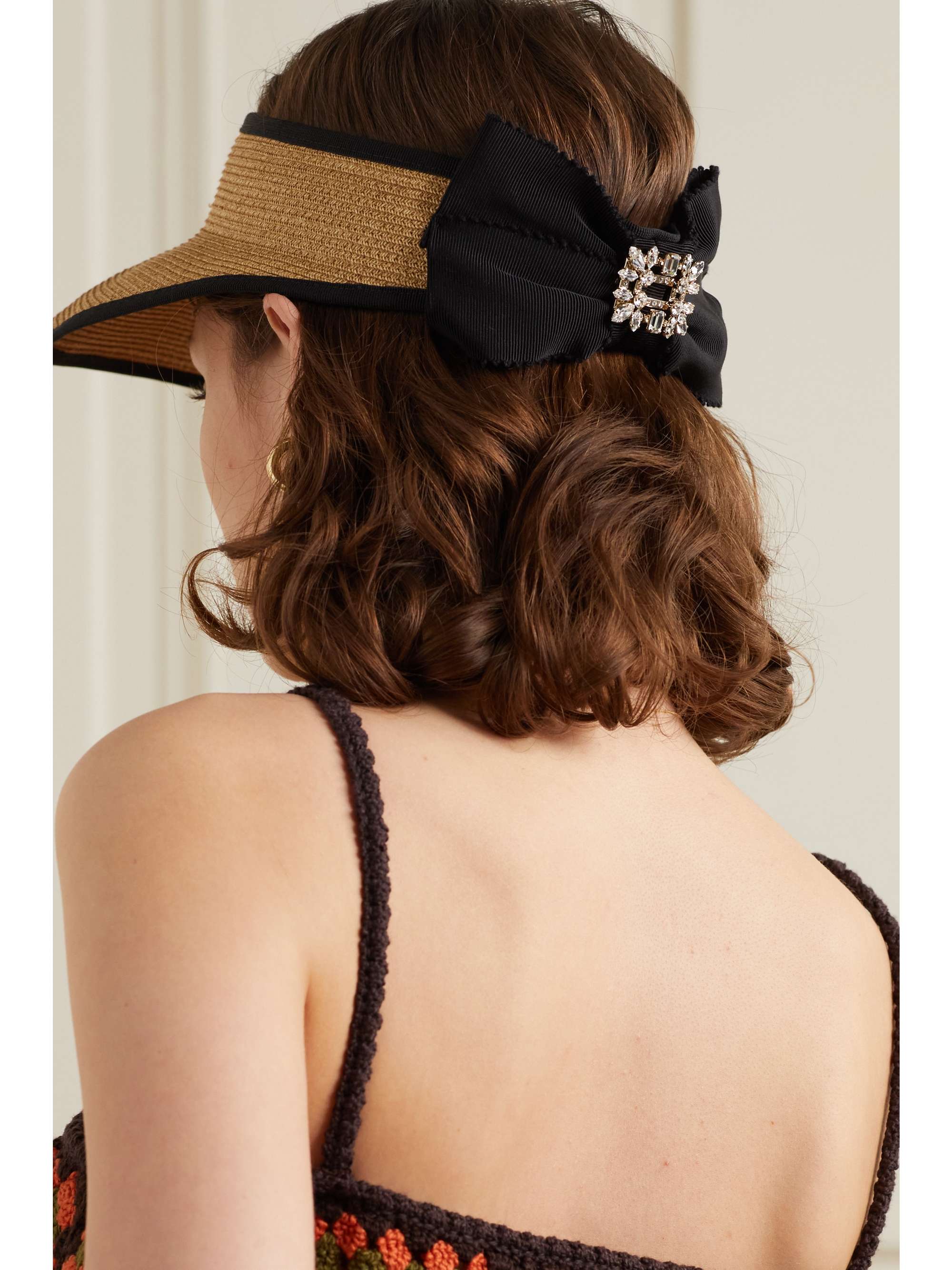 ROGER VIVIER Embellished grosgrain-trimmed straw visor