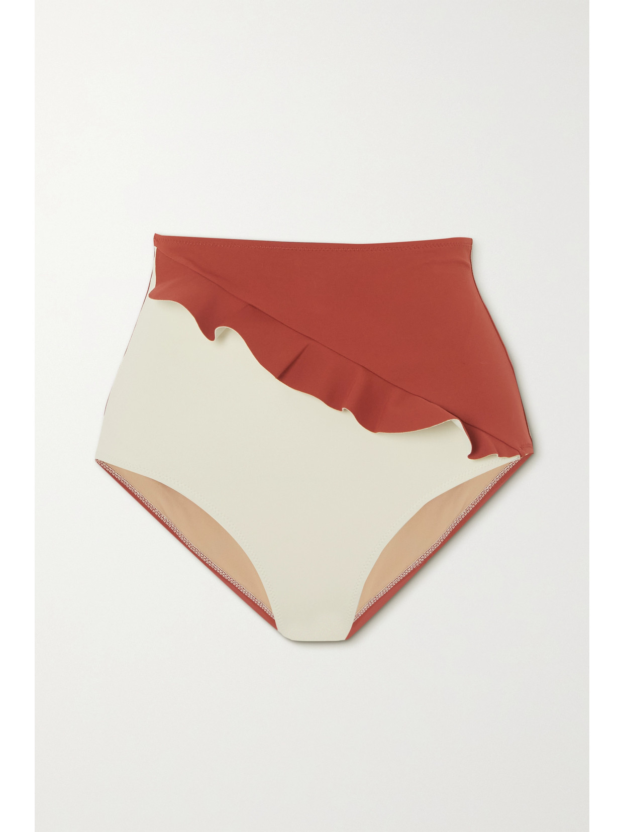 Evarae Greta Ruffled Two-tone Stretch-econyl Bikini Briefs In Red