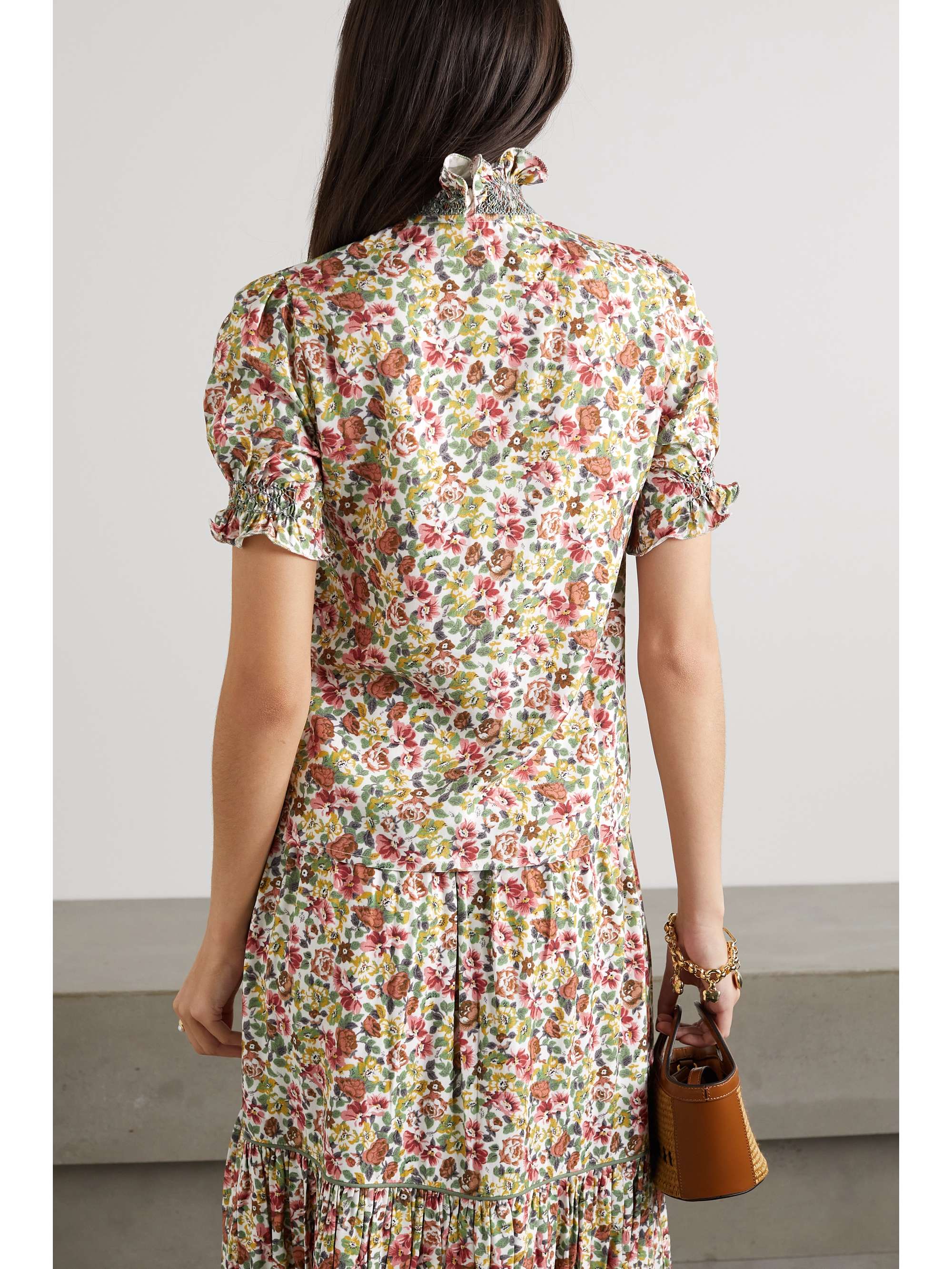 LORETTA CAPONI Donatella ruffled smocked printed poplin blouse