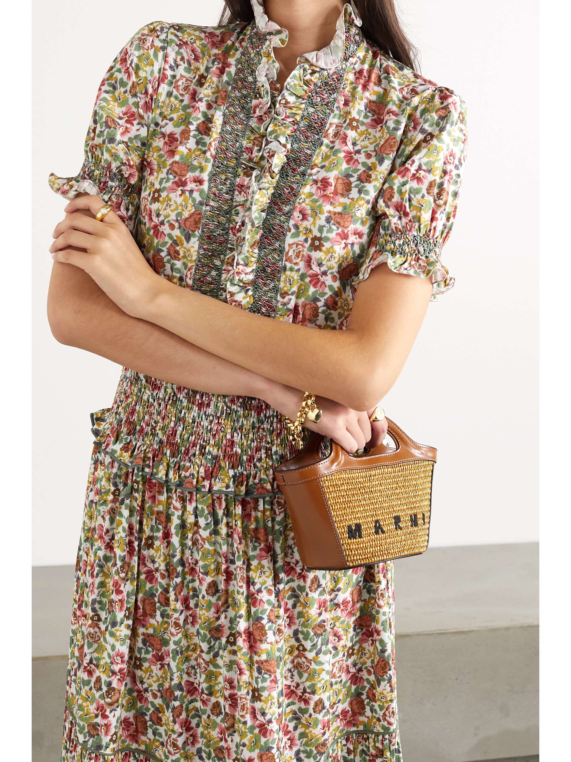LORETTA CAPONI Donatella ruffled smocked printed poplin blouse