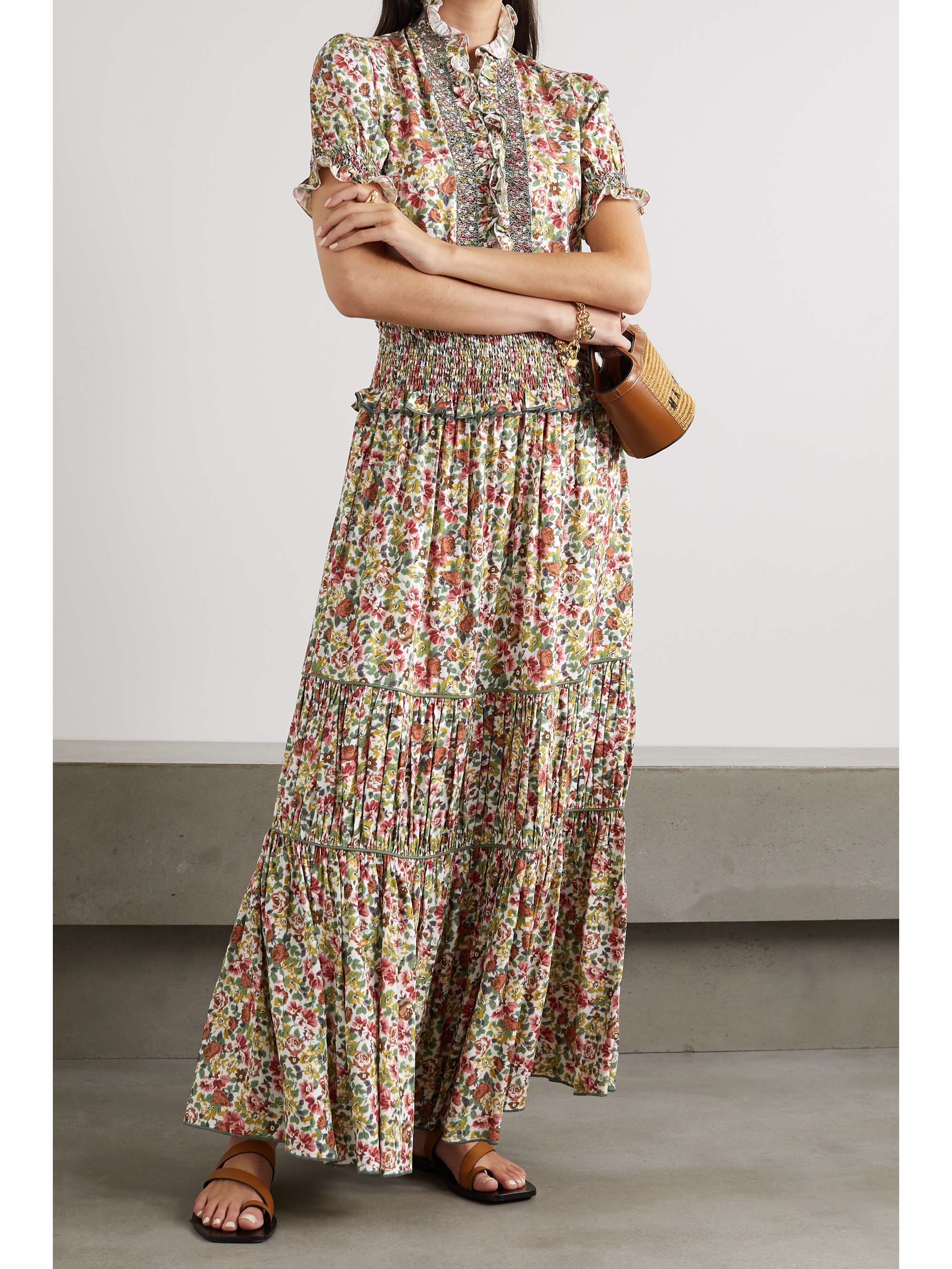 LORETTA CAPONI Donatella ruffled smocked printed poplin blouse