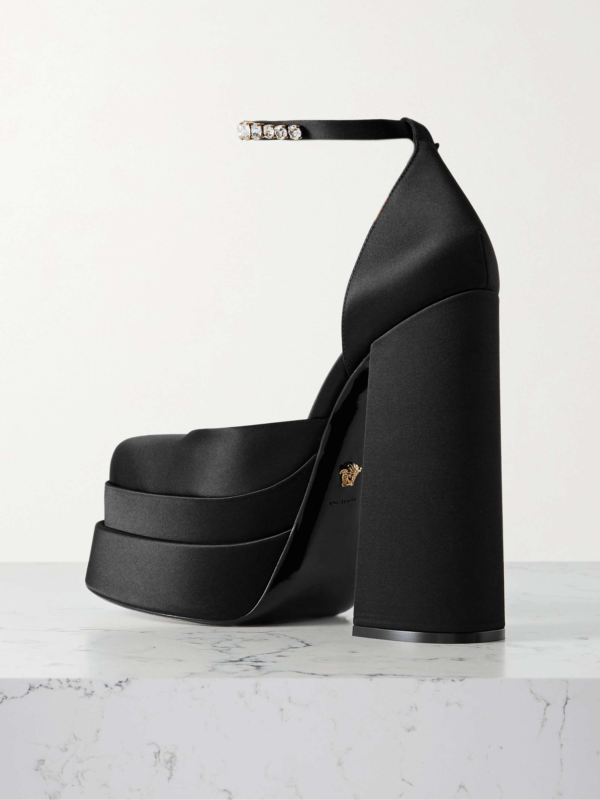 VERSACE Medusa Aevitas embellished metallic leather platform pumps