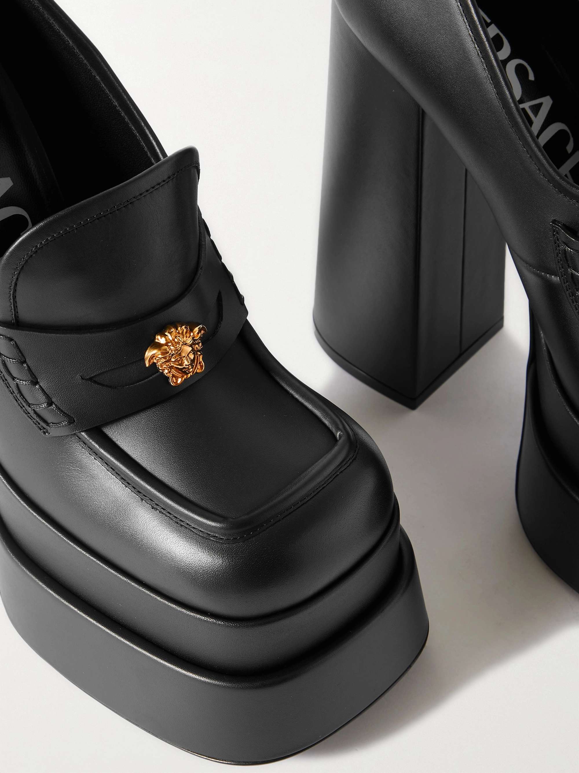 VERSACE Embellished leather platform loafers NET A PORTER