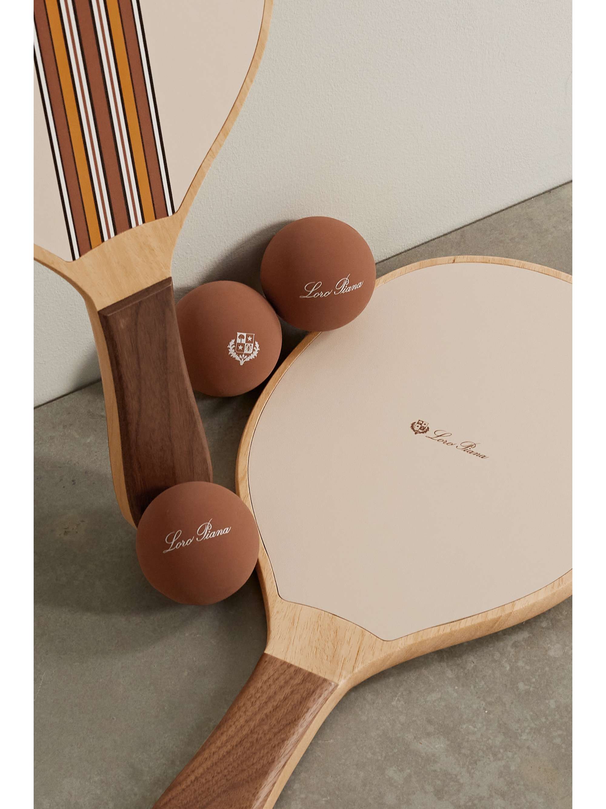 LORO PIANA The Suitcase Stripe wood and leather paddleball set