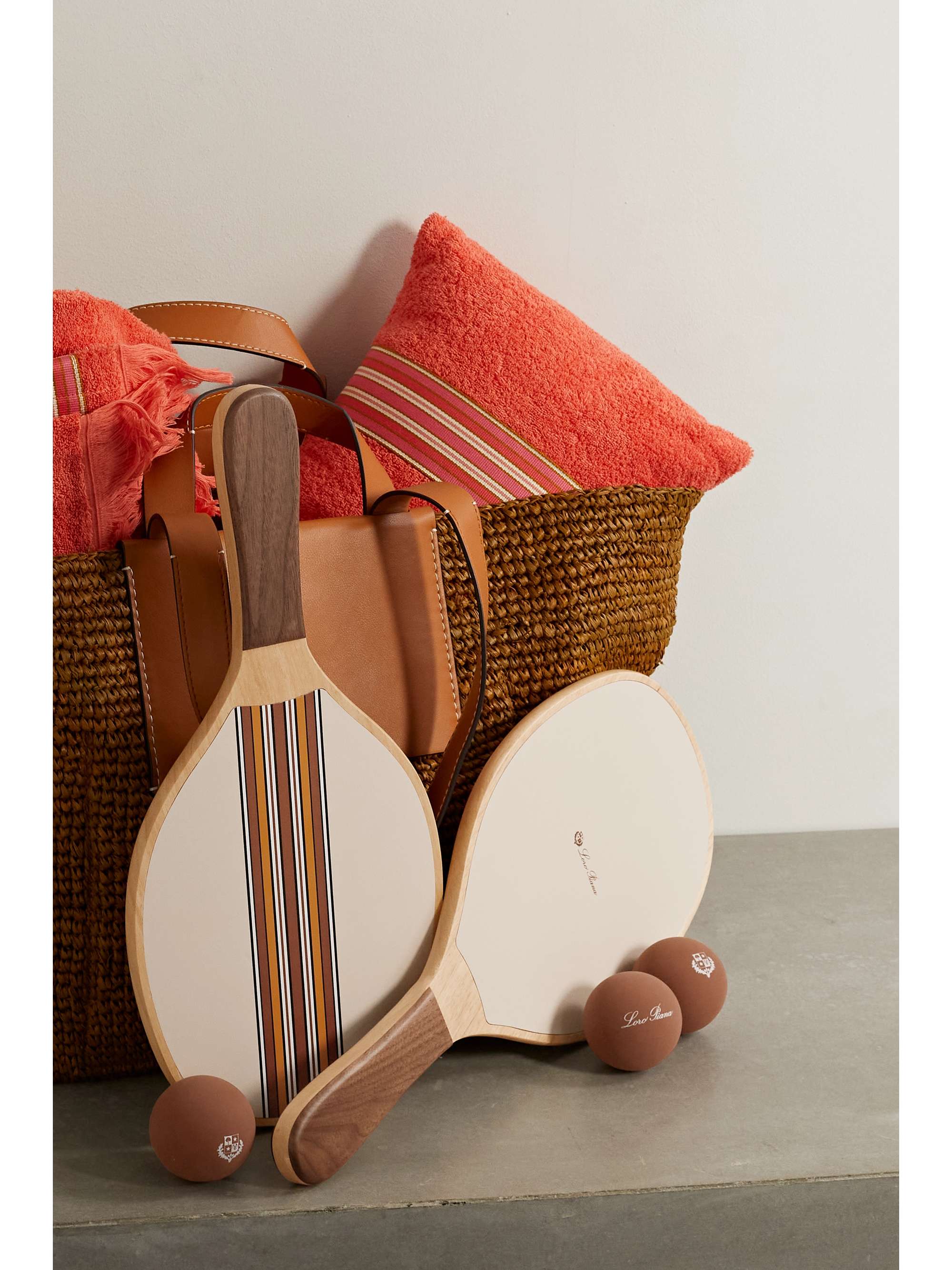 LORO PIANA The Suitcase Stripe wood and leather paddleball set