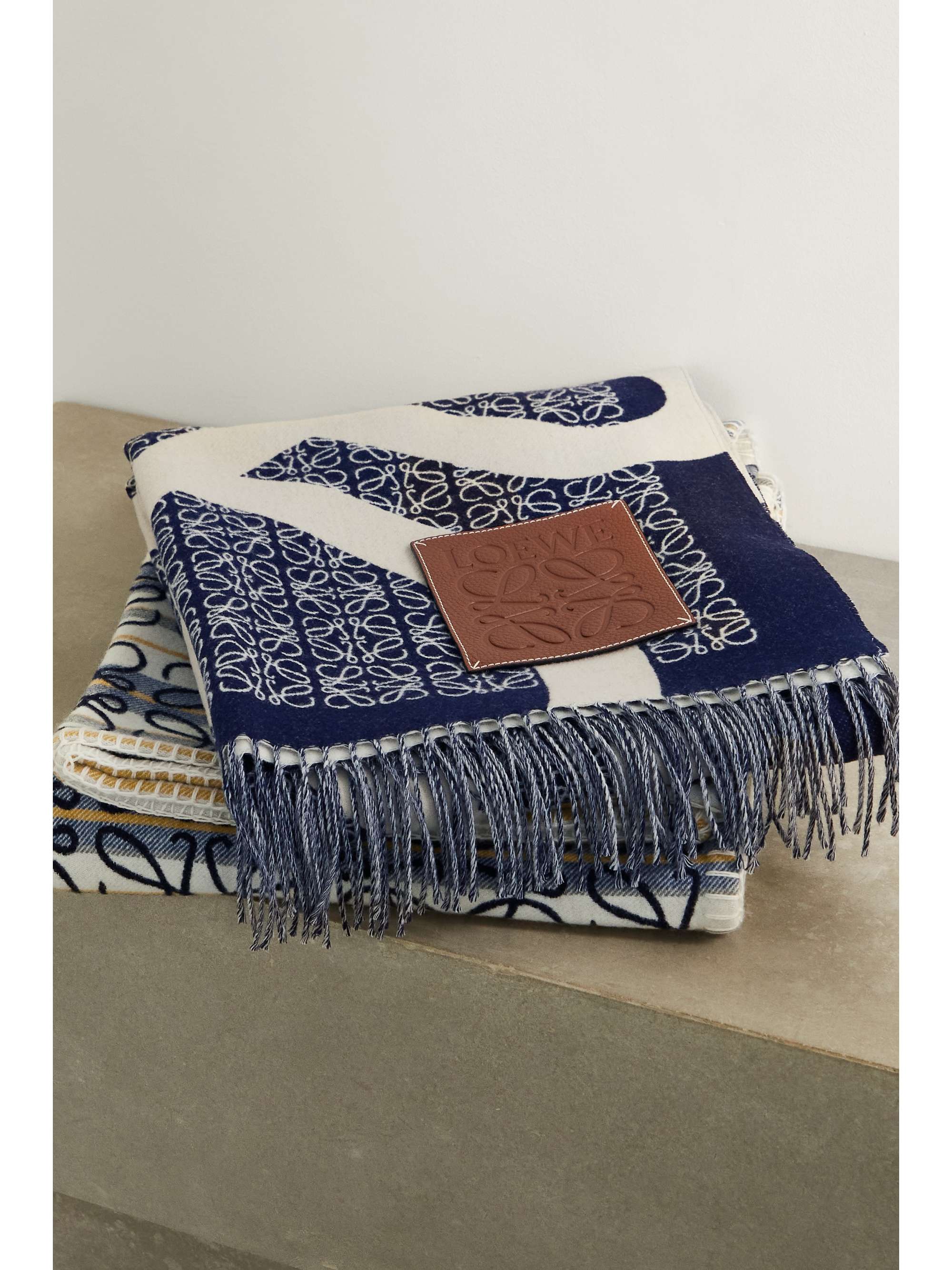 LOEWE Anagram leather-trimmed fringed wool-jacquard throw