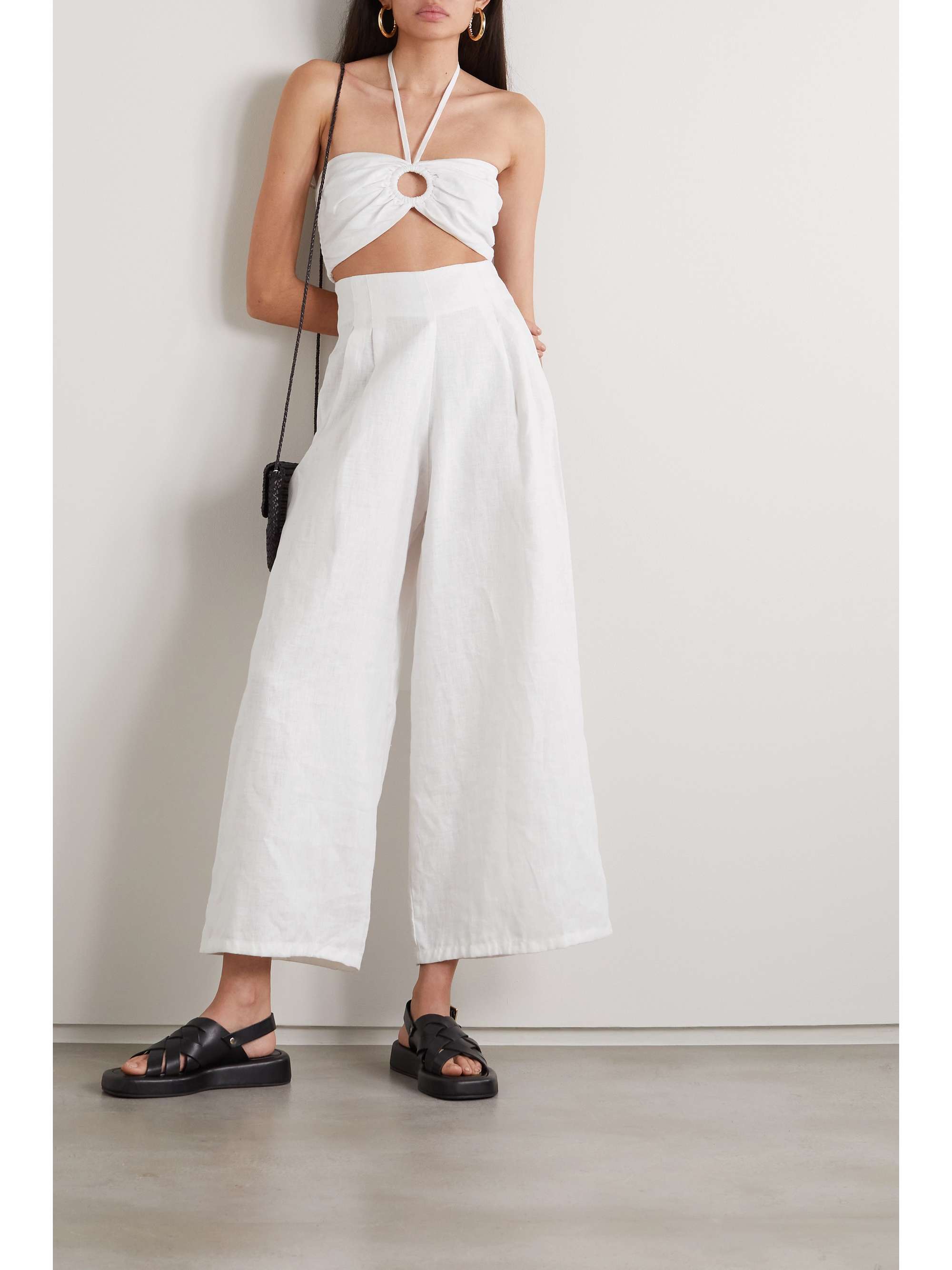 White Malta cropped linen wide-leg 