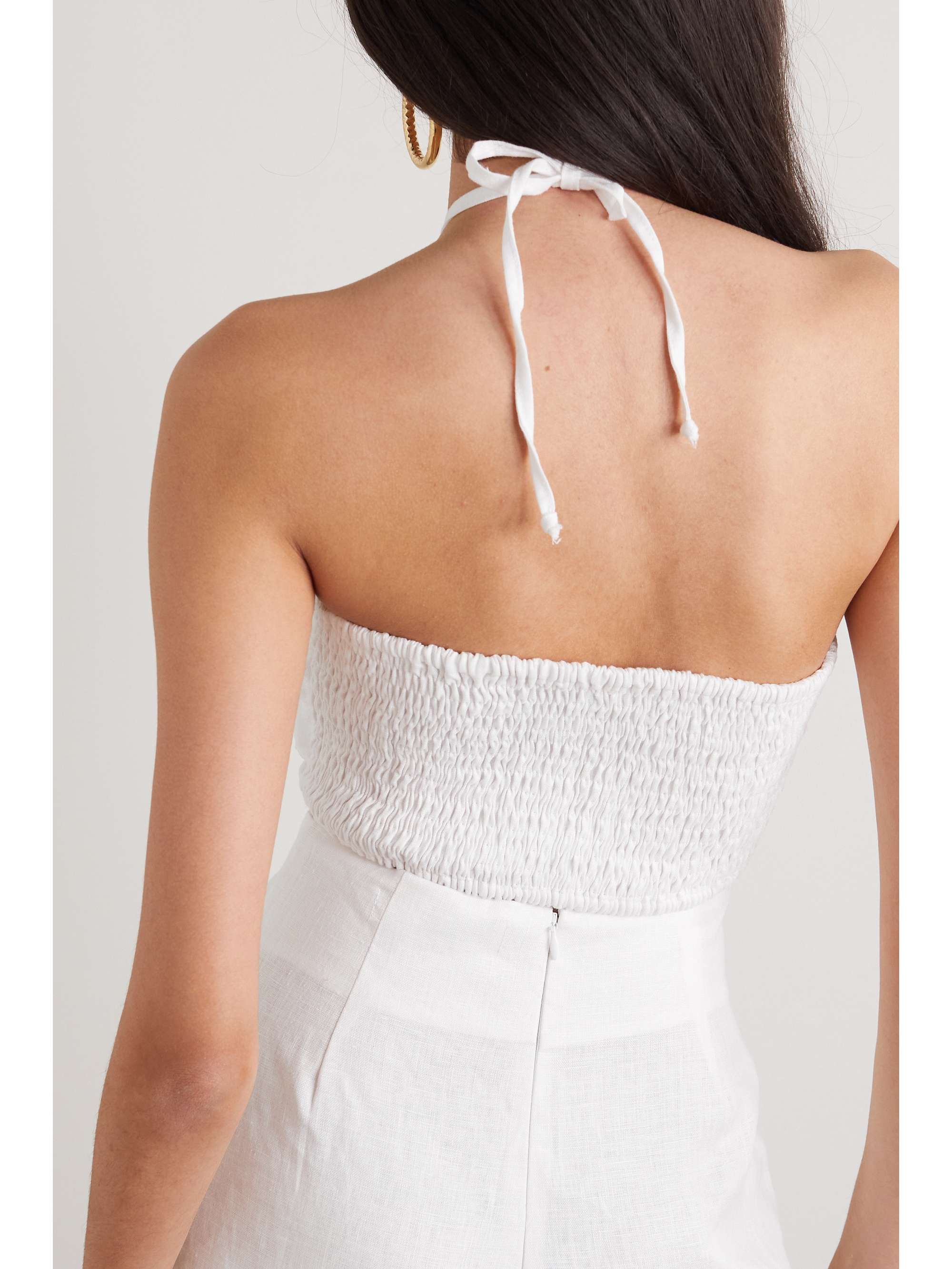 FAITHFULL Cyprus cropped cutout shirred linen halterneck top