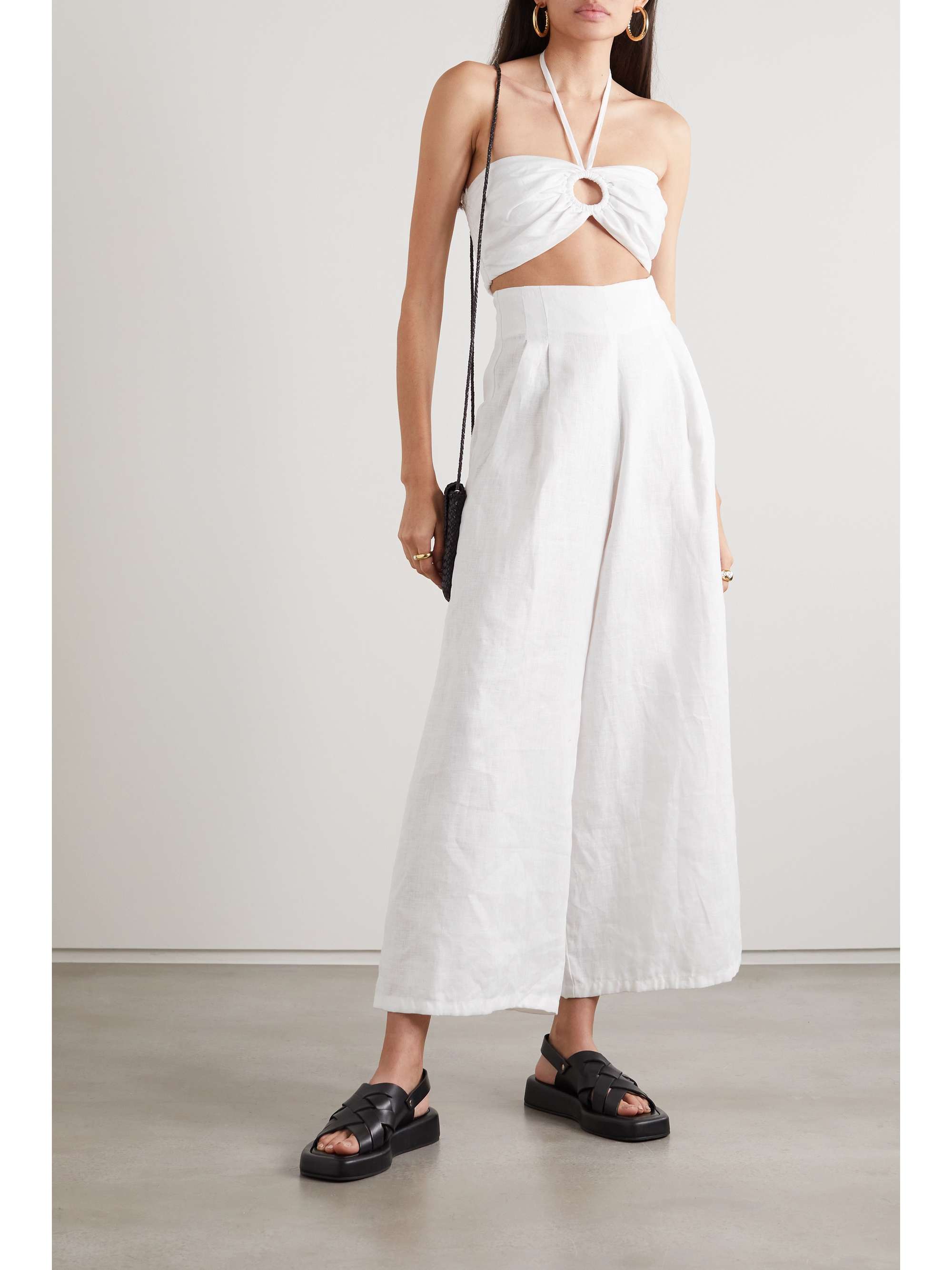 FAITHFULL Cyprus cropped cutout shirred linen halterneck top