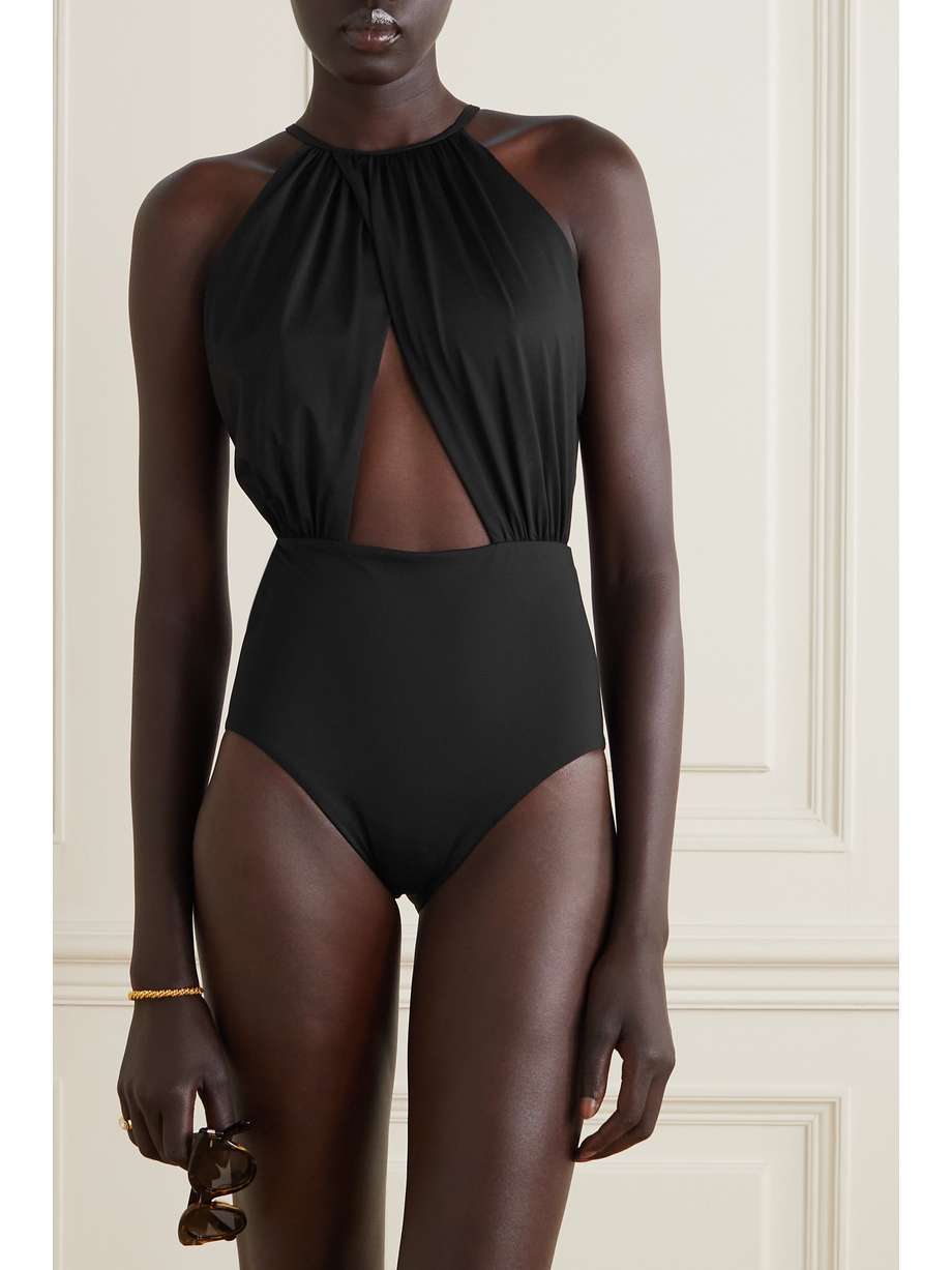 black vintage style high neck swimsuit with a halterneck tie and dramatic midriff and back cutouts and full coverage bottom. 