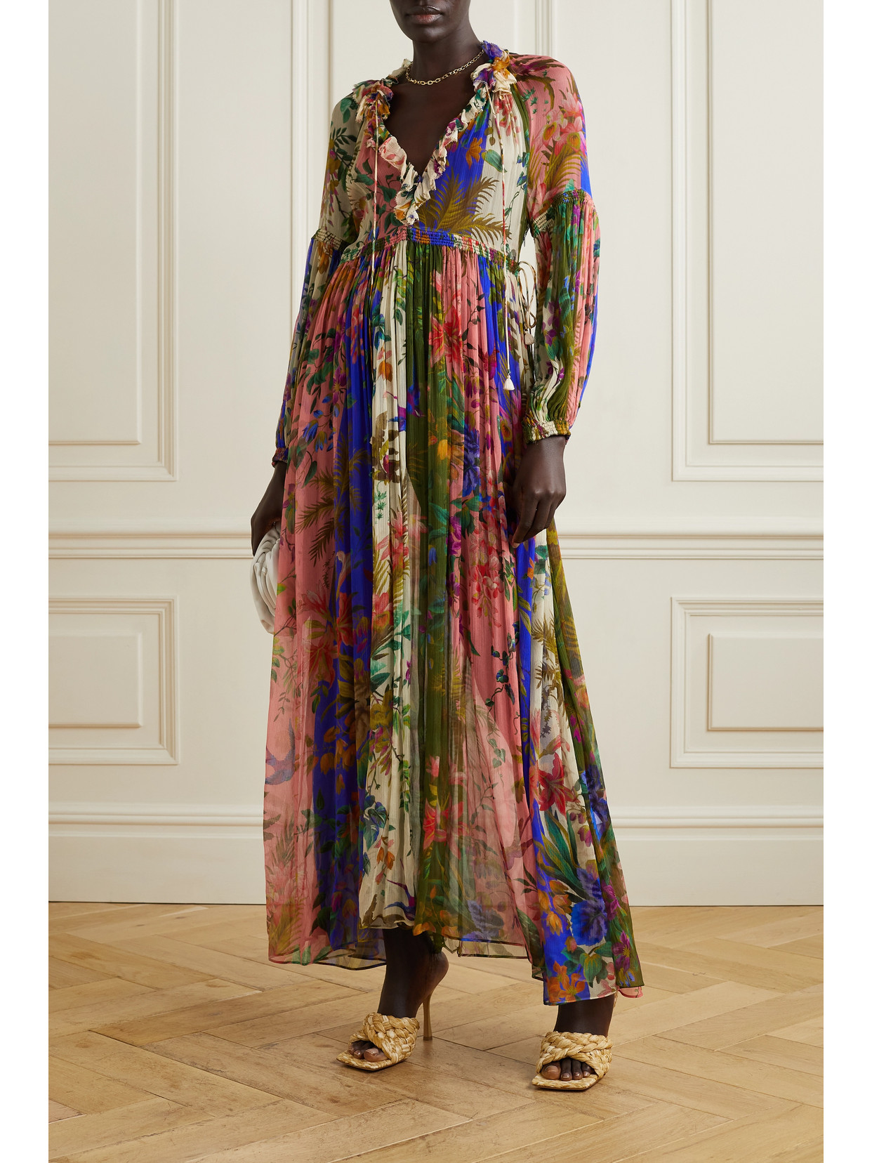Zimmermann Tropicana Ruffled Pleated Floral-print Silk-crepon Dress In Green