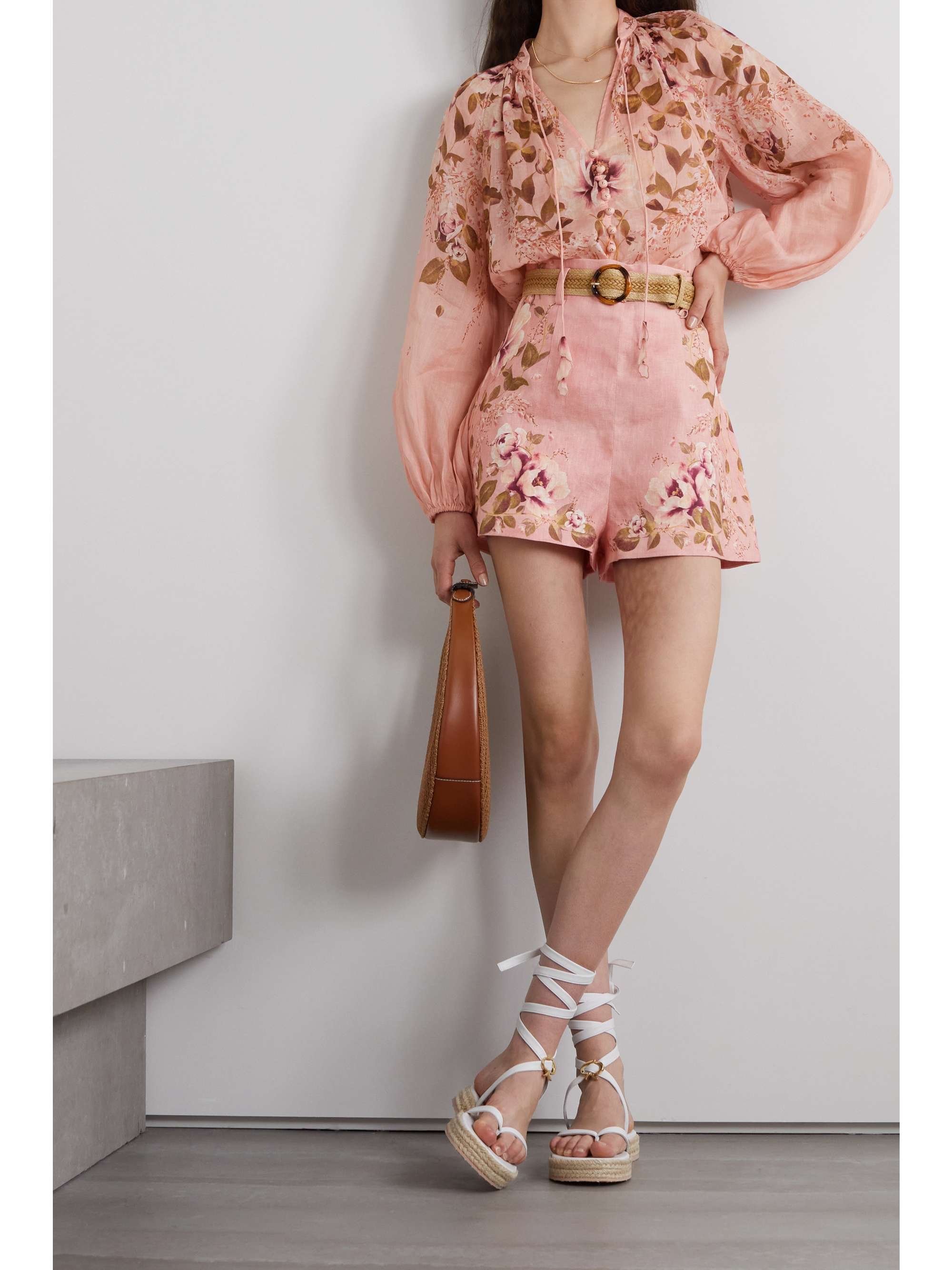 Pink Rosa belted floral-print linen 
