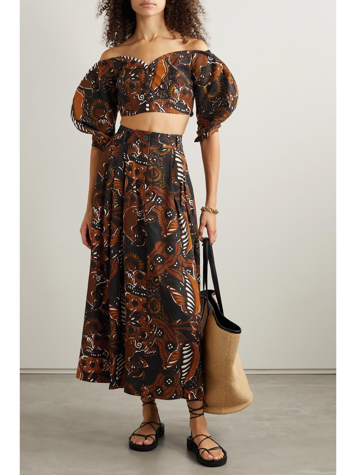 Mara Hoffman + Net Sustain Juana Off-the-shoulder Cropped Printed Tencel Lyocell Top In Brown