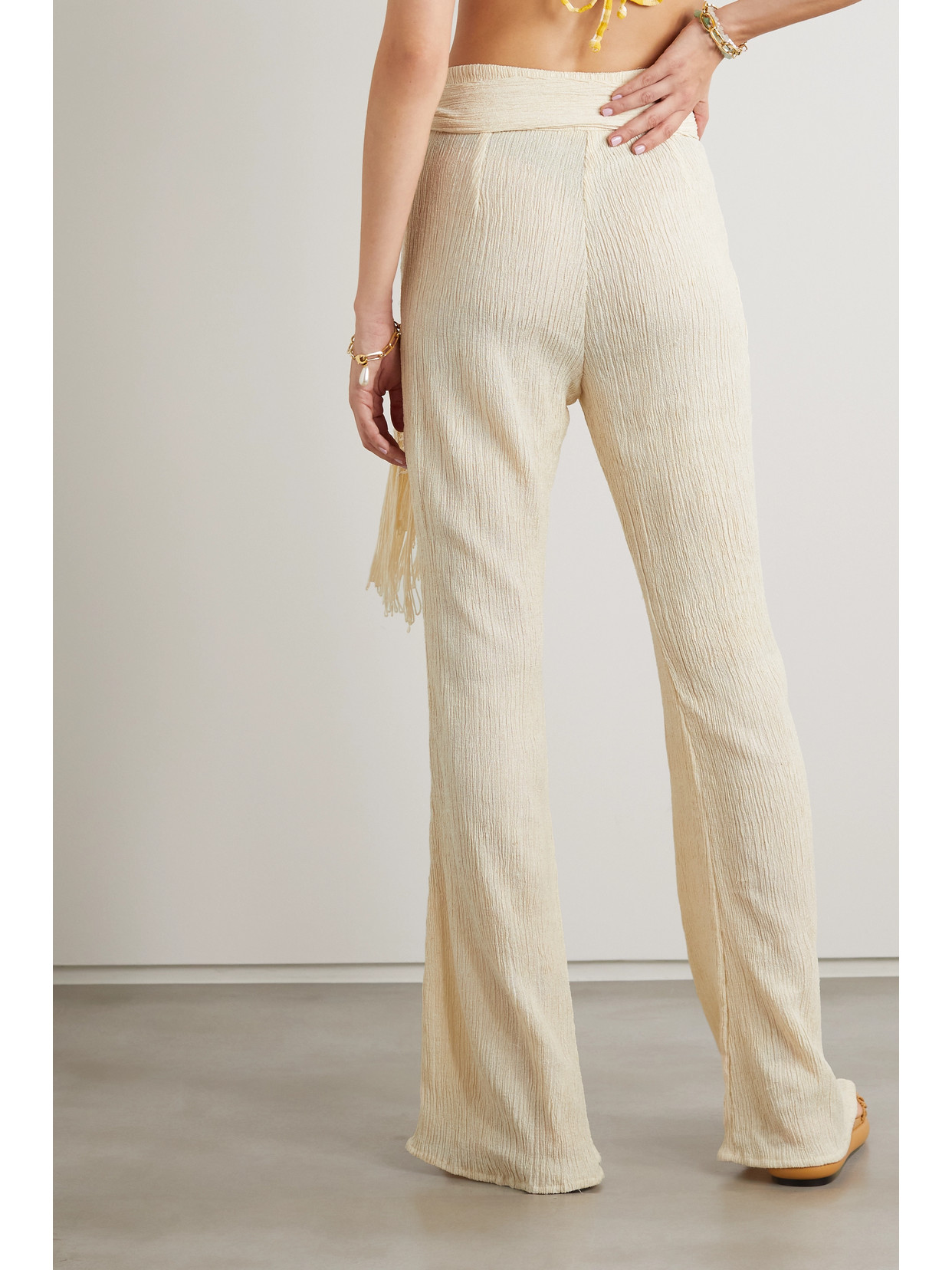 Savannah Morrow The Label Vea Belted Tasseled Crinkled Silk And Bamboo-blend Pants In Ivory