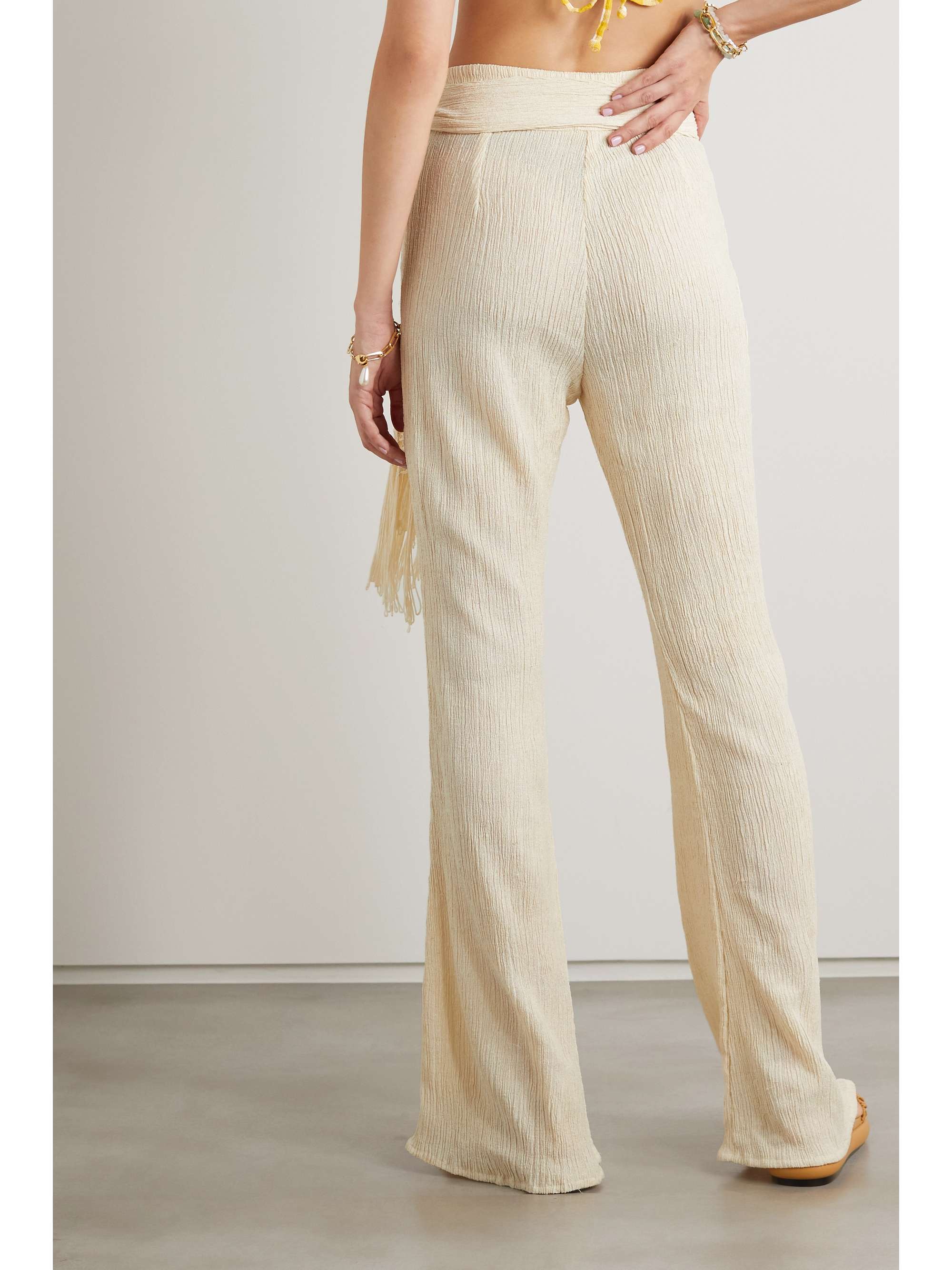 SAVANNAH MORROW THE LABEL Vea belted tasseled crinkled silk and bamboo-blend pants