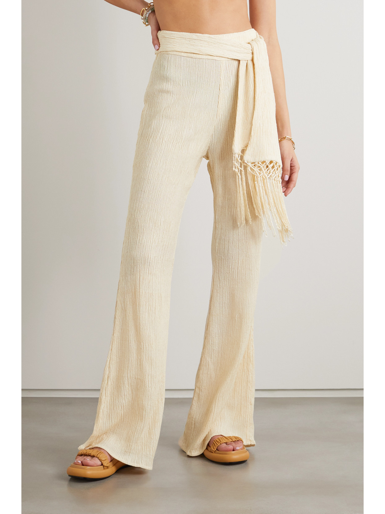 Savannah Morrow The Label Vea Belted Tasseled Crinkled Silk And Bamboo-blend Pants In Ivory