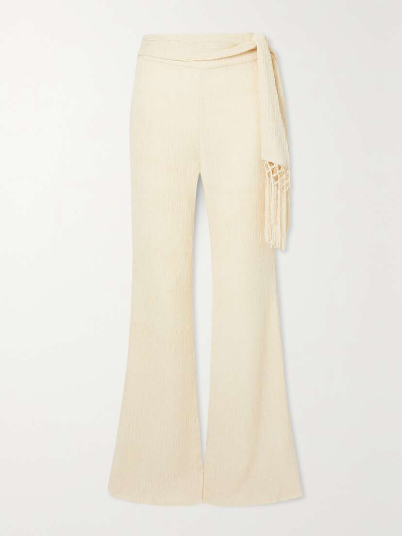 Savannah Morrow The Label Vea Belted Tasseled Crinkled Silk And Bamboo-blend Pants