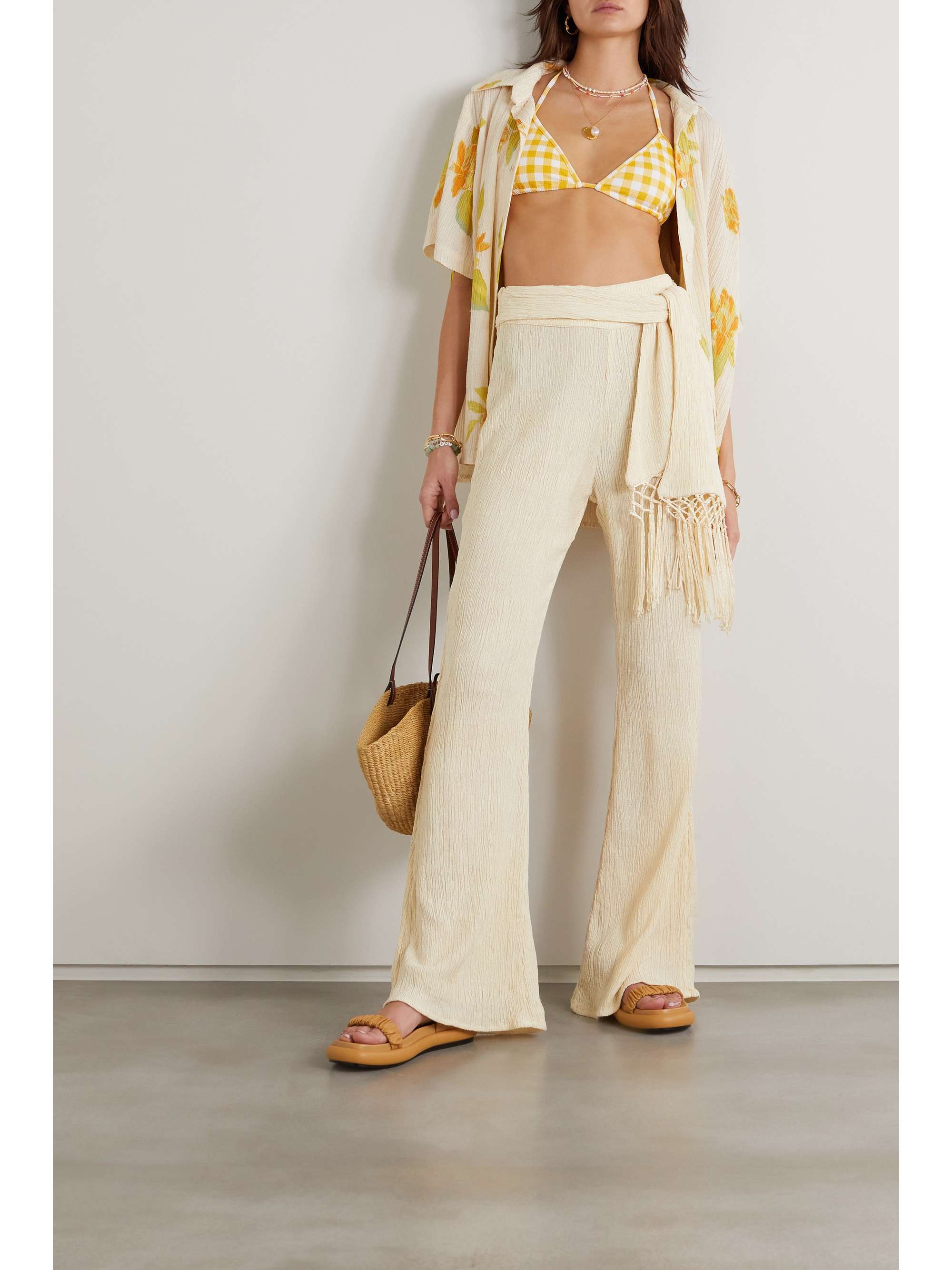 SAVANNAH MORROW THE LABEL Vea belted tasseled crinkled silk and bamboo-blend pants