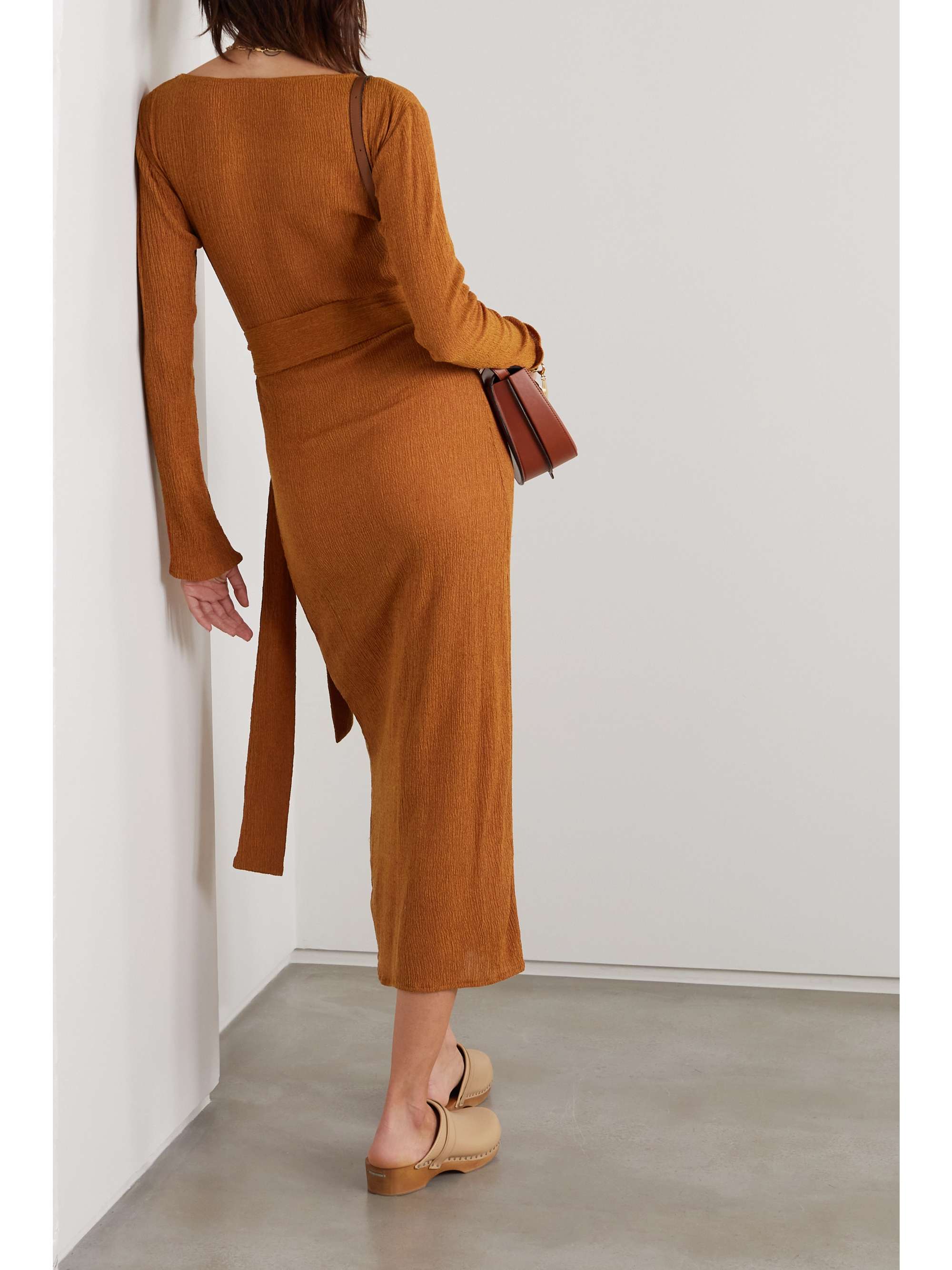 SAVANNAH MORROW THE LABEL Rum belted crinkled silk and bamboo-blend midi dress