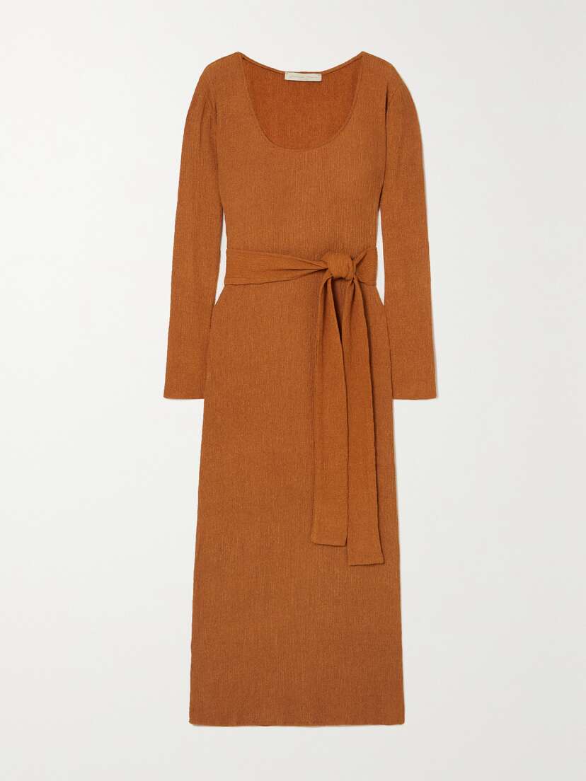 Savannah Morrow The Label Rum Belted Crinkled Silk And Bamboo-blend Midi Dress