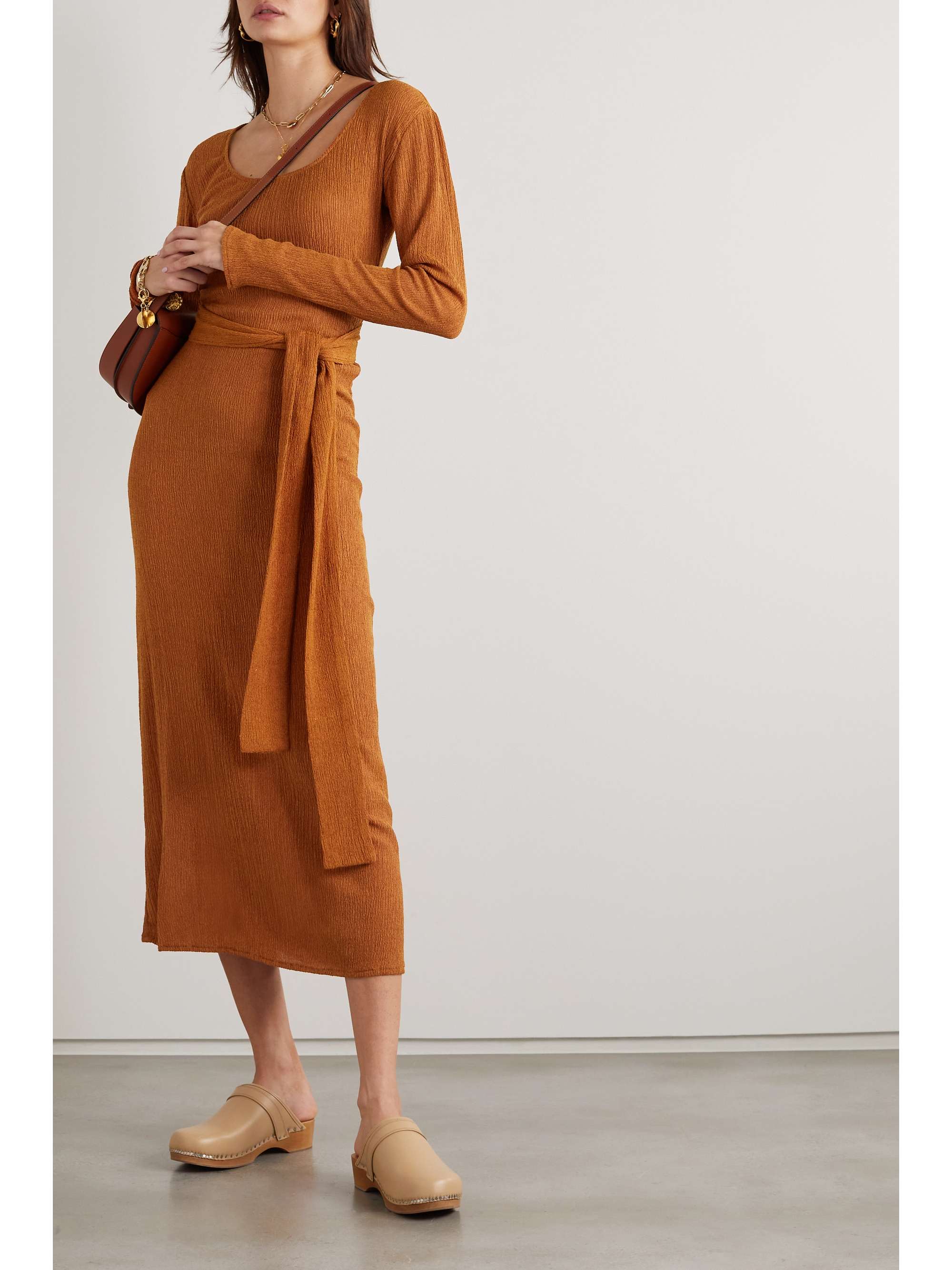 SAVANNAH MORROW THE LABEL Rum belted crinkled silk and bamboo-blend midi dress