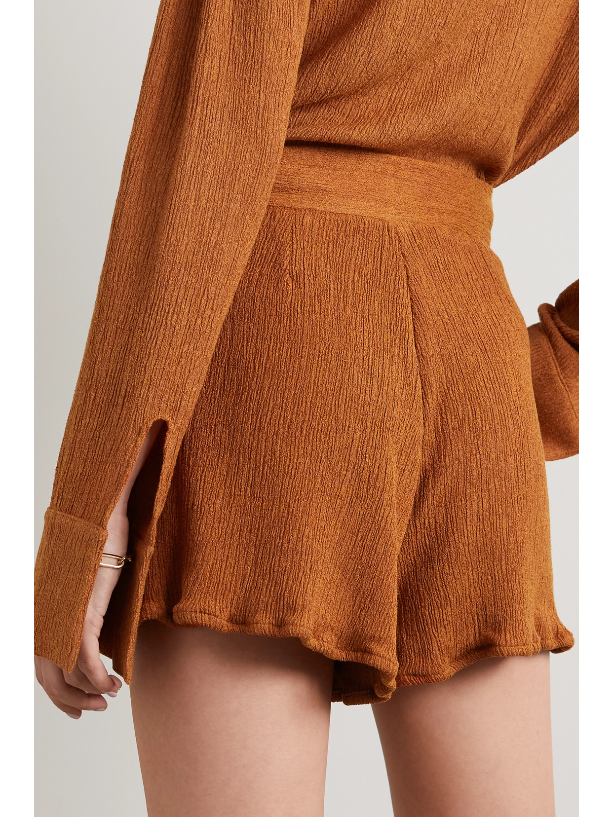 Savannah Morrow The Label Verita Crinkled Silk And Bamboo-blend Shorts In Orange