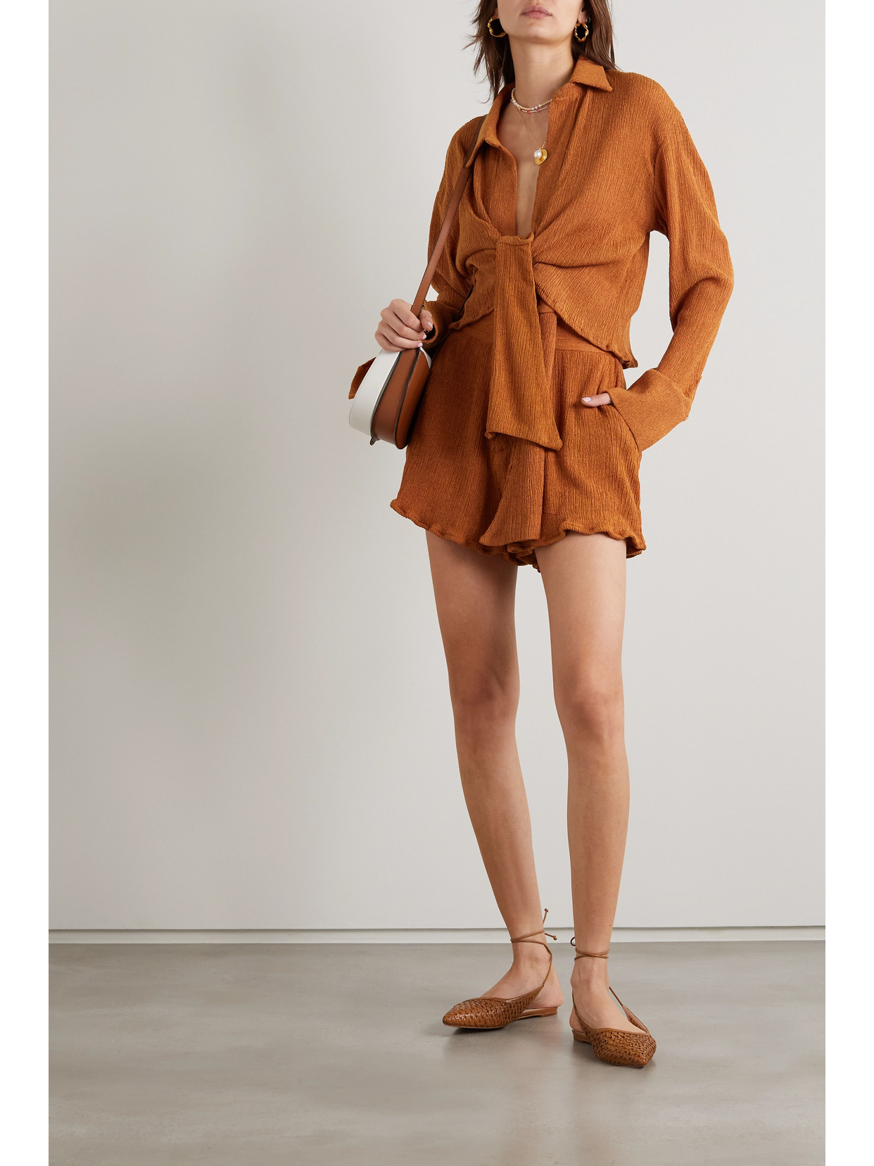 Savannah Morrow The Label Verita Crinkled Silk And Bamboo-blend Shorts In Orange