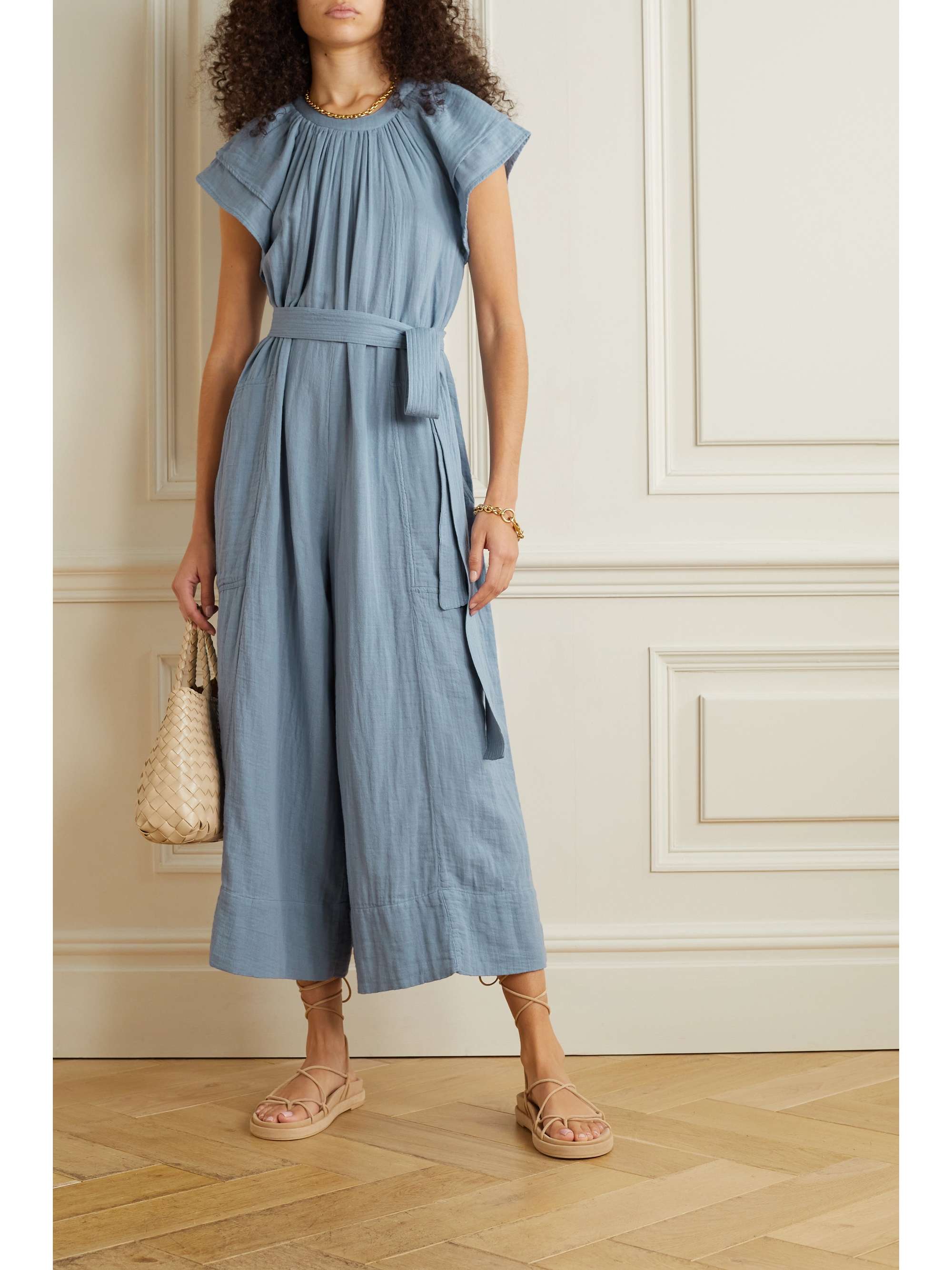 Blue Calypso belted cotton-gauze 
