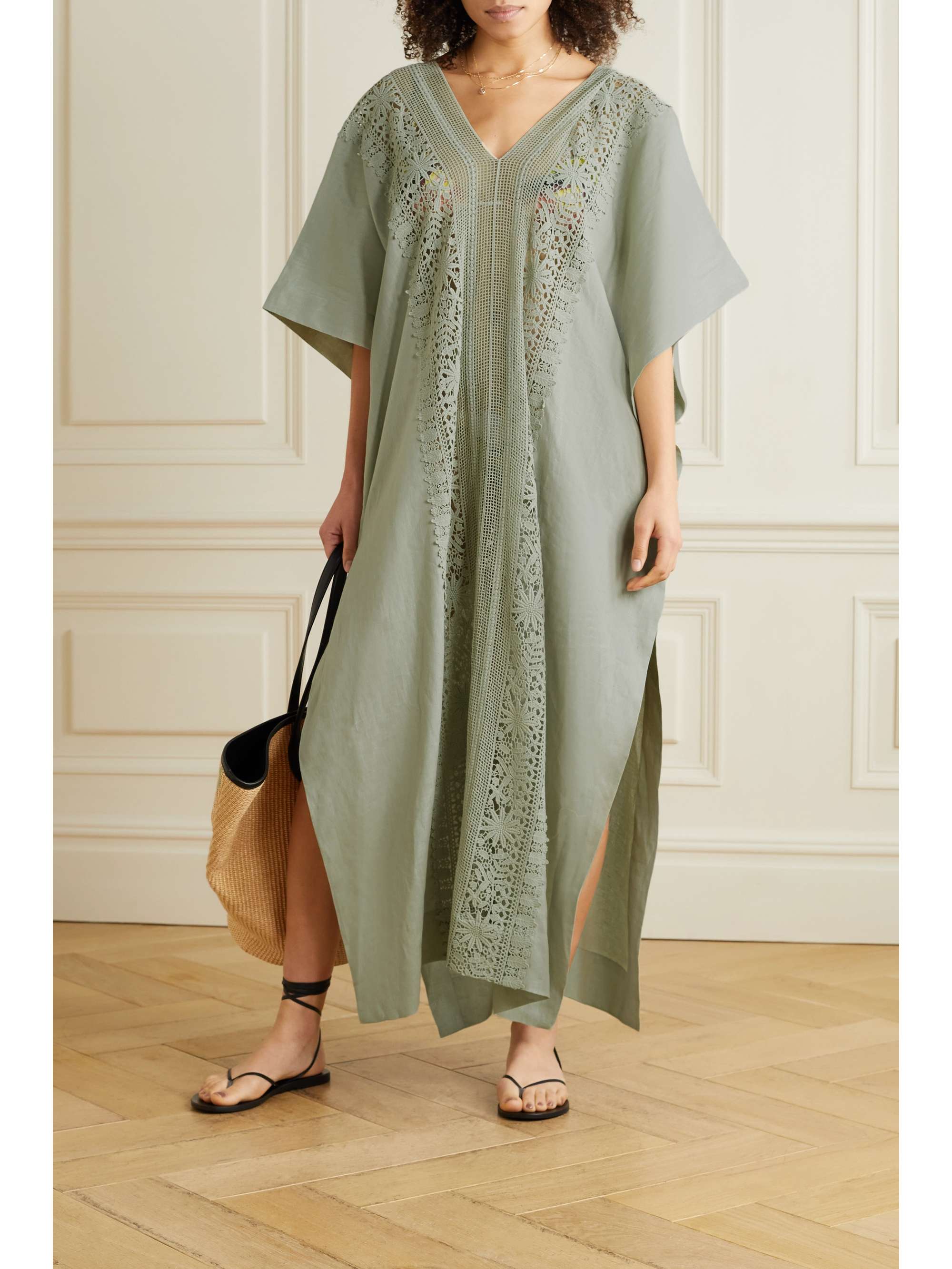 Pistazie + NET SUSTAIN Brea Oversized-Kaftan aus Leinen und gehäkelter  Baumwolle | NET-A-PORTER | MIGUELINA | NET-A-PORTER