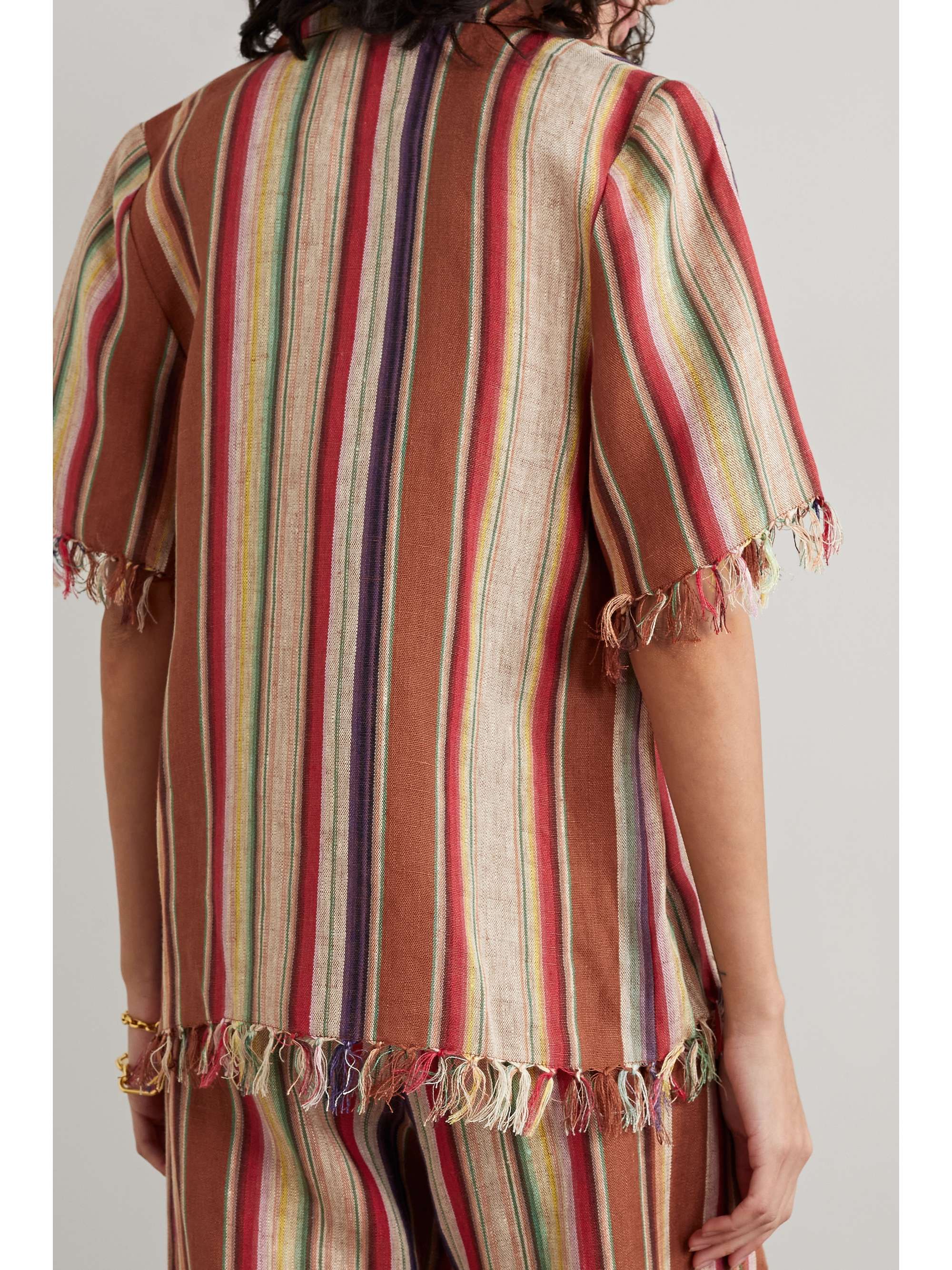 MIGUELINA + NET SUSTAIN Briar fringed striped linen shirt