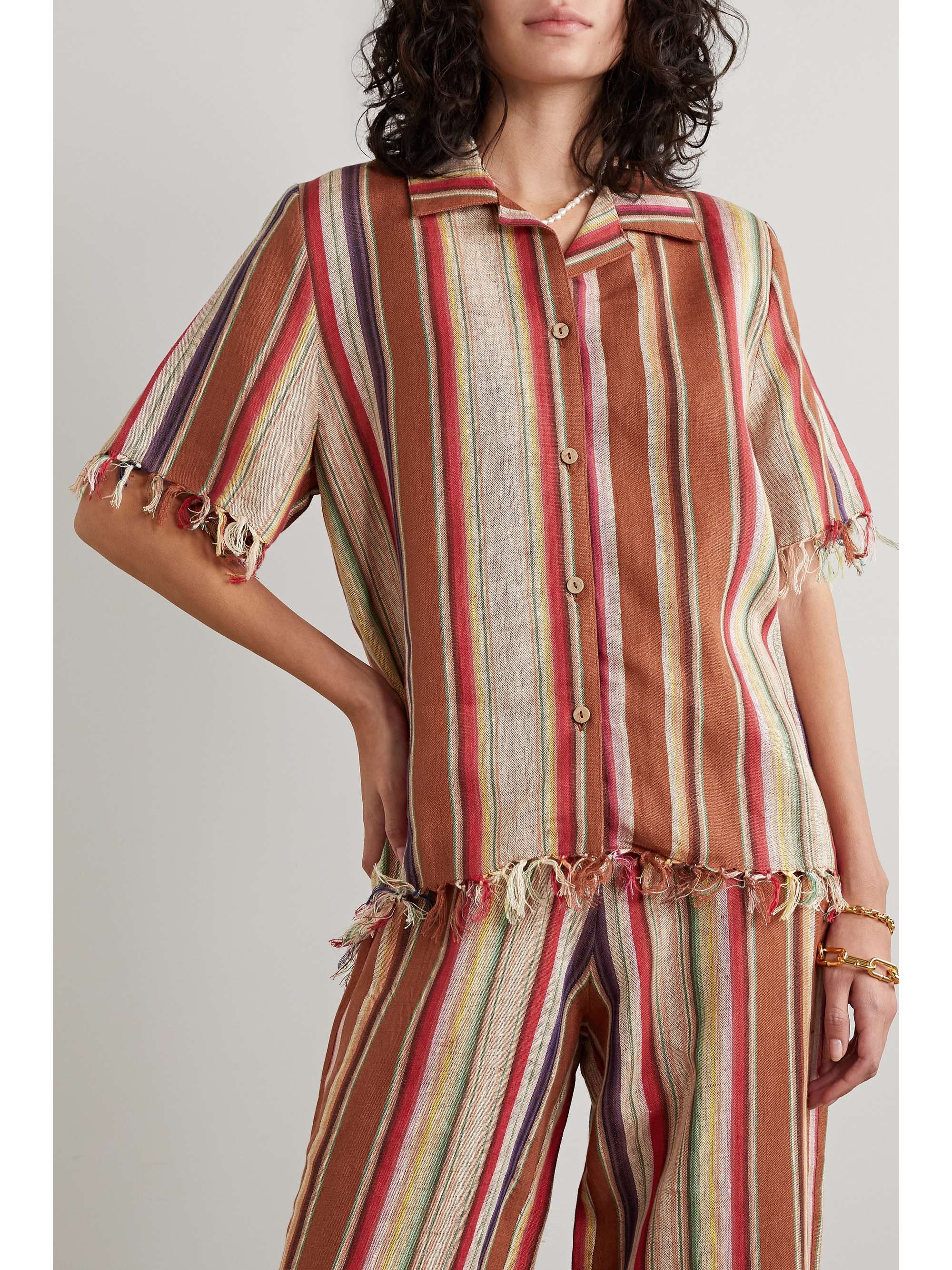 MIGUELINA + NET SUSTAIN Briar fringed striped linen shirt